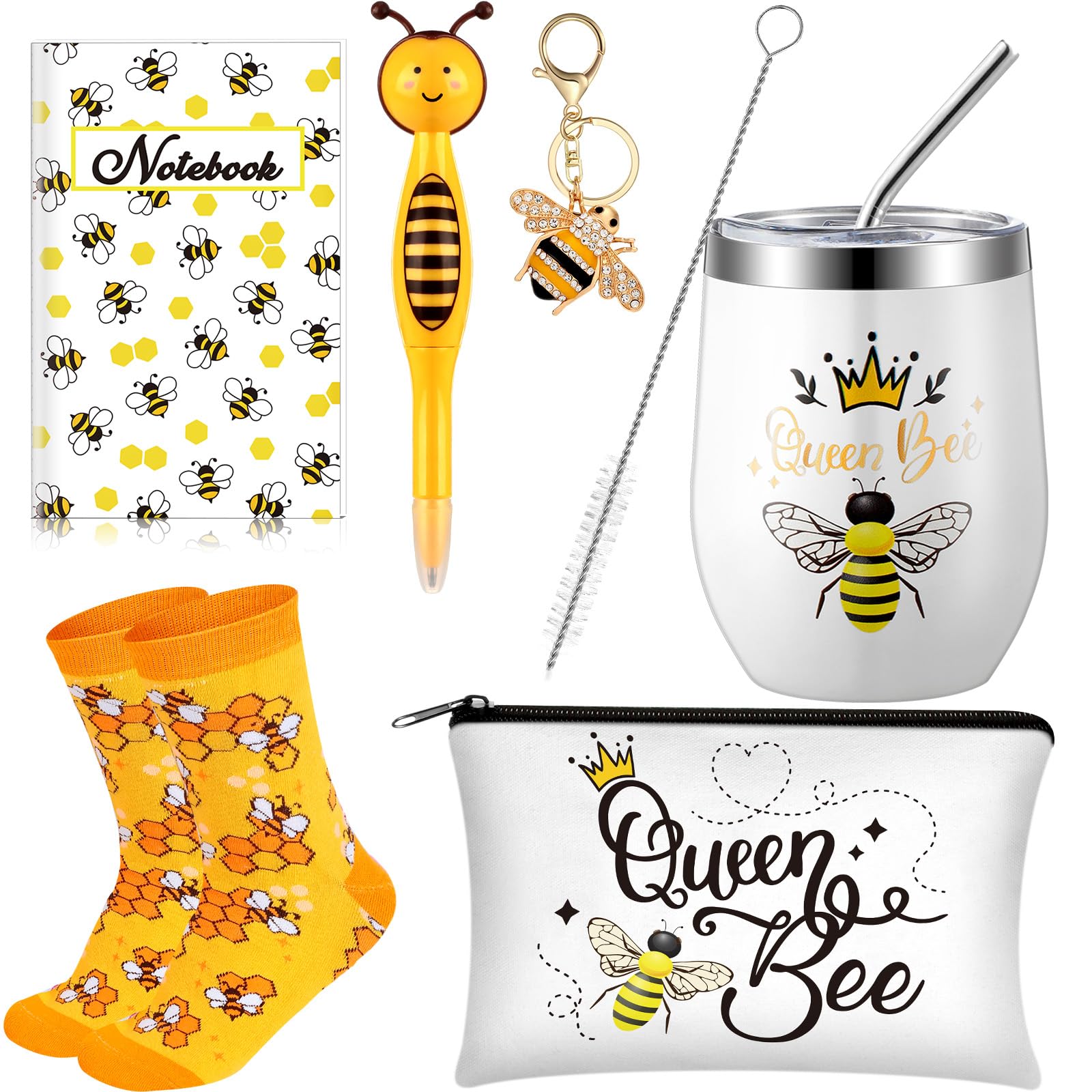 Panitay 6 Pcs Bee Themed Gifts Set For Women Bee Socks Bee Stainless Steel Tumbler 12 Ounce With Straw And Brush Bee Cosmetic Ba