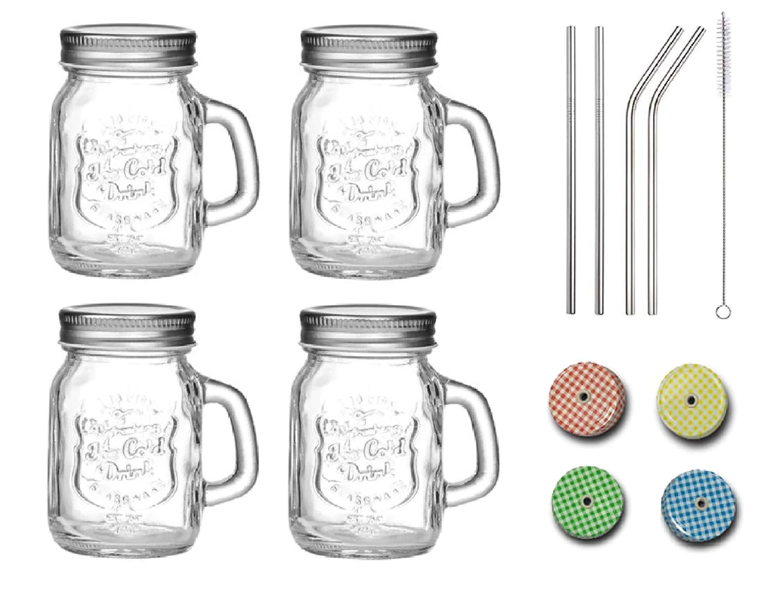 Save Mason Jars & Stainless Steel Straw Set, Extra Lids With Hole | Airtight Lid | Transparent Glass | 450 Ml | Handle Mason Jar