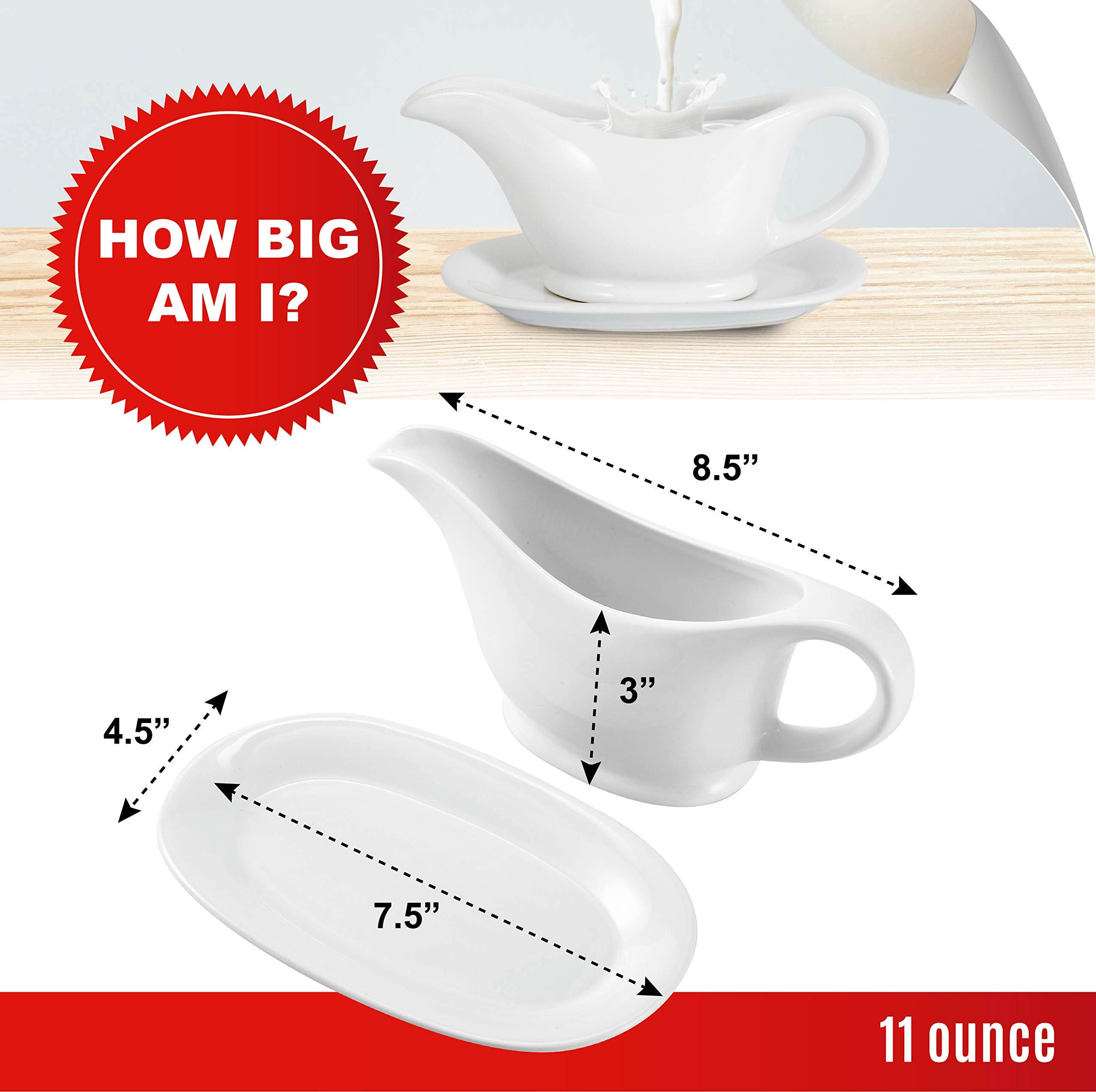 Bruntmor 11 Oz White Ceramic Gravy Boat With Tray, 11 Ounce Small Ceramic Serving Dish, Dispenser With Tray For Sauces, Gravy Bo