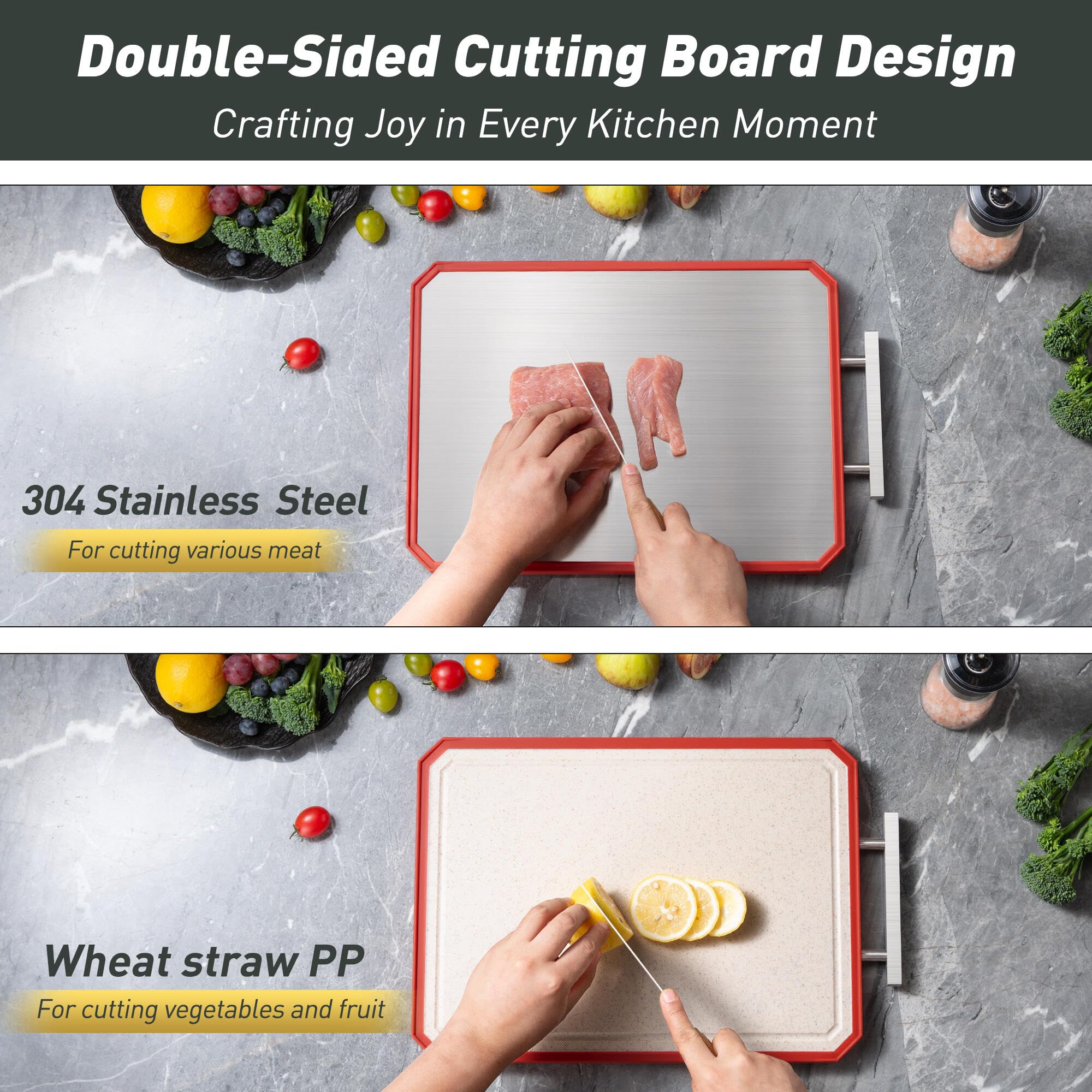 2 in 1 Stainless Steel Cutting Board with Handle Chopping Large Big Meat Butcher Block Kitchen Stuff Accessories New Home Essent