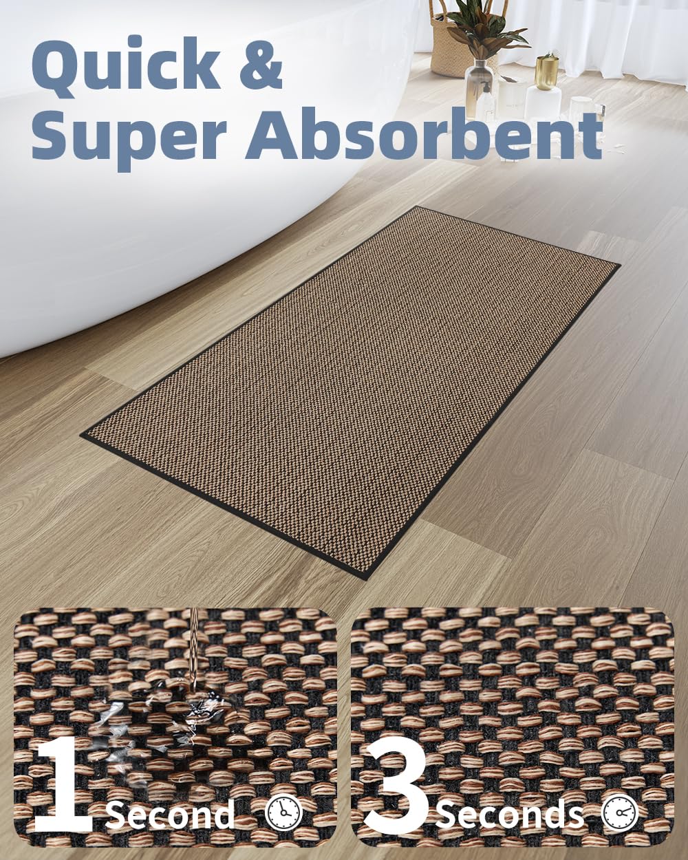 Padoor Non-Slip Bath-Mats, Rubber-Backing Braided Absorbent Mats, Machine Washable Thin Bath Rugs Fit Under Door, Quick Dry For