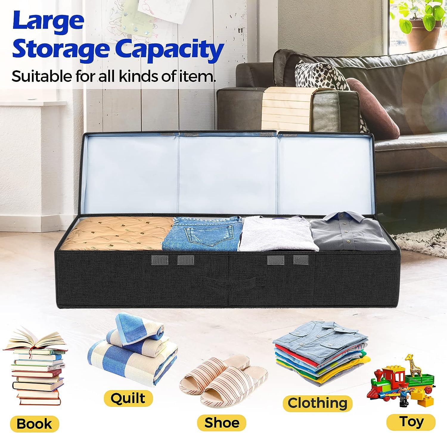 Underbed Storage Containers With Lids, Set of 2 Low Profile Under Crib Storage Bins W/ 3 Handles, Large Sturdy Under Bed Clothes