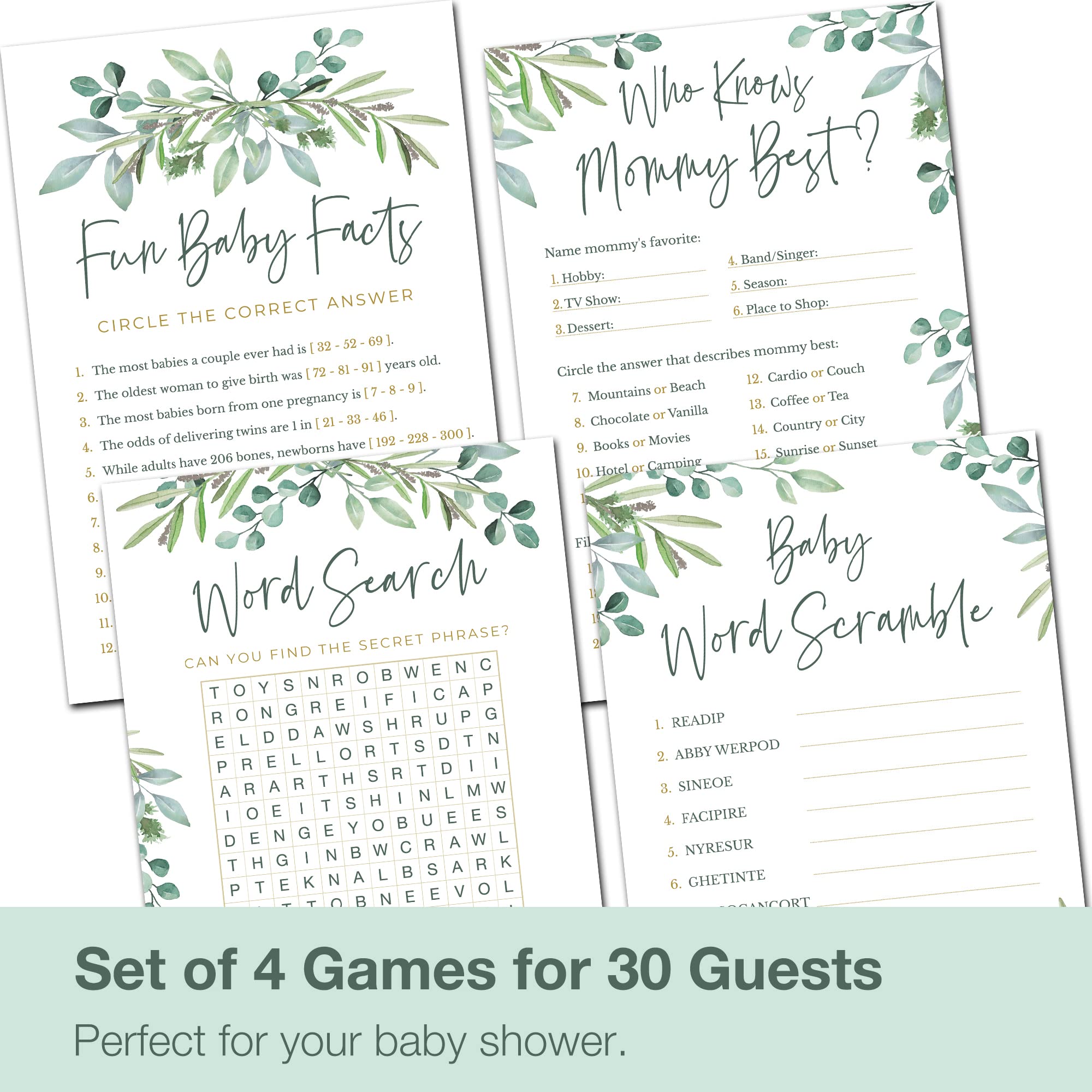 Baby Shower Games For Boy Or Girl - Set Of 4 Games For 30 Guests - Double Sided Cards - Floral Greenery Eucalyptus Flowers