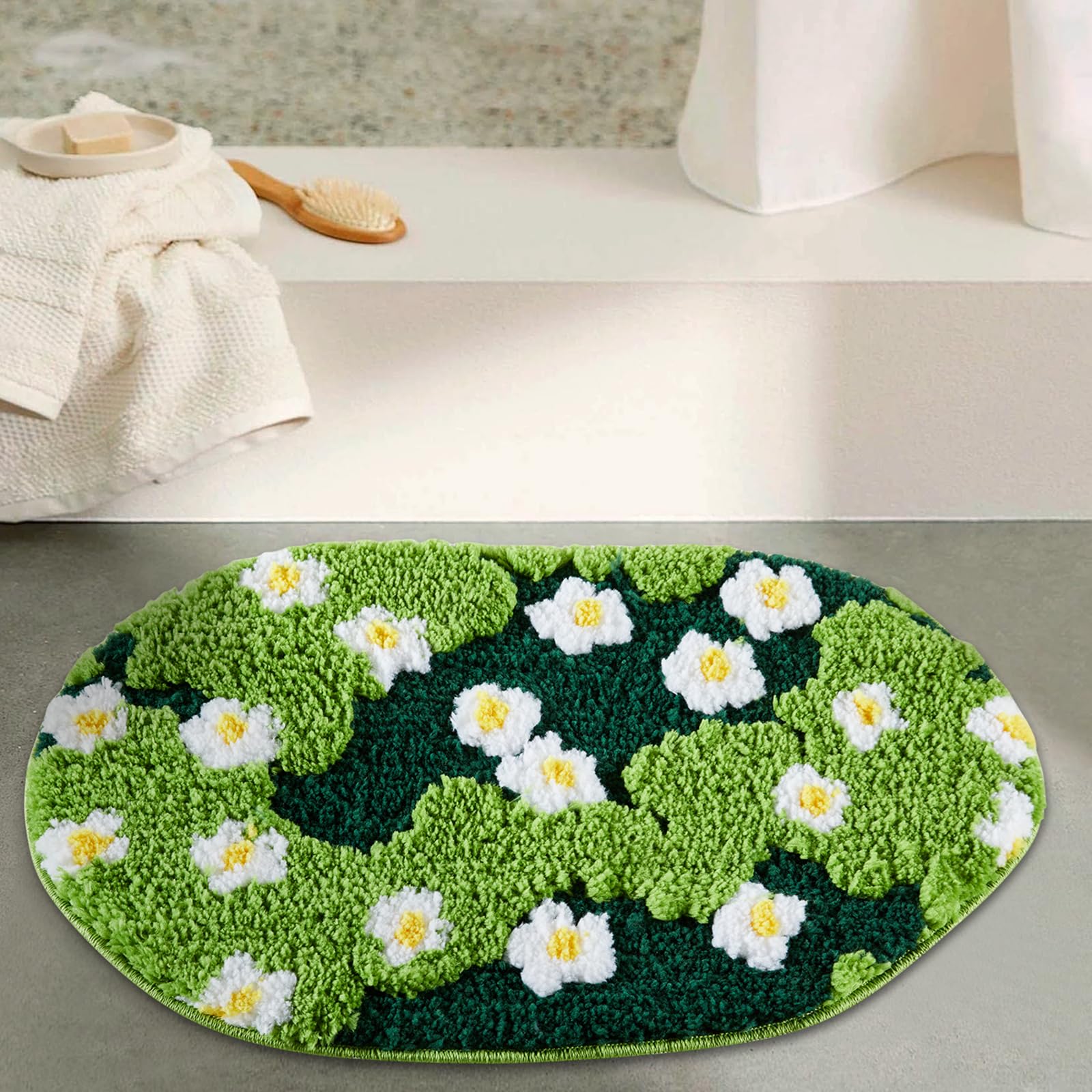 Ouyattle Cute Green Floral Bath Mat Microfiber Moss Bathroom Rug 20''W X 32''L Non Slip Washable, Modern Chic Boho Aesthetic Tre