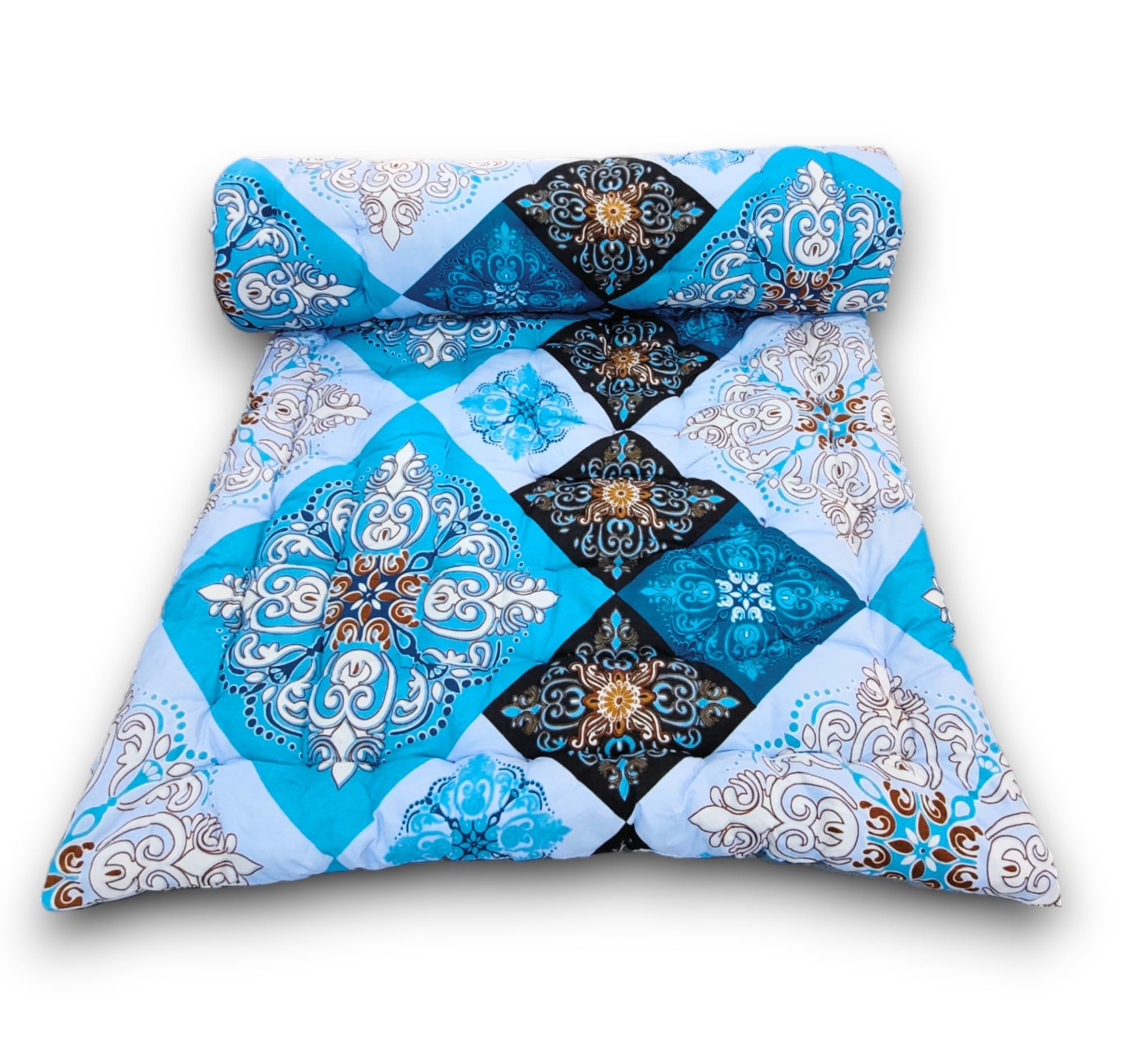 Deevine Craft Primium Floor Cotton Quilt Futon Mattress 72X72 inch Sky Blue Floral Quilted Design, Foldable Japanese Style Sleep