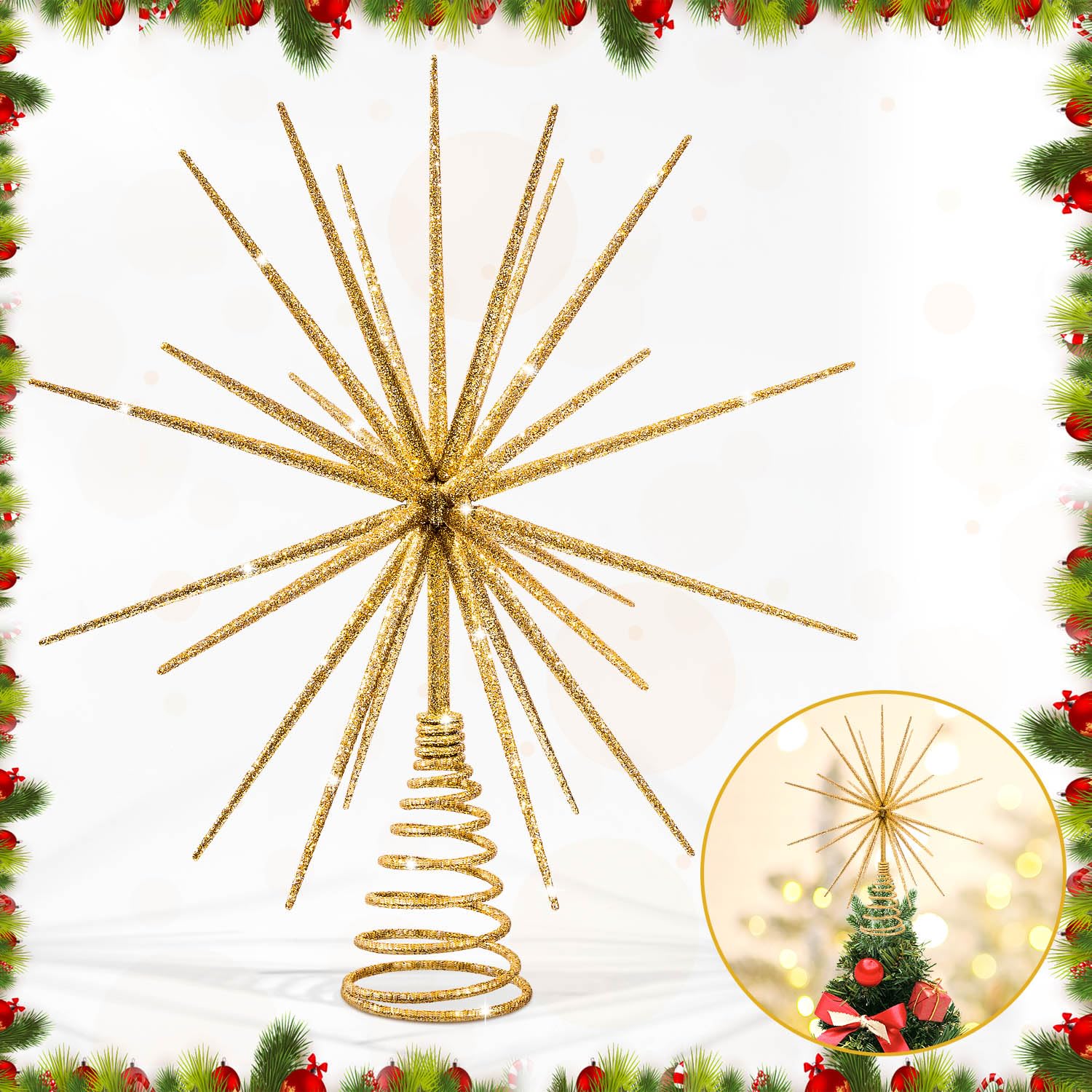 13.7 Inch Gold Christmas Tree Topper - 3D Burst Gold Tree Topper, Exploding Star Christmas Tree New Year Holiday Tree Decoration