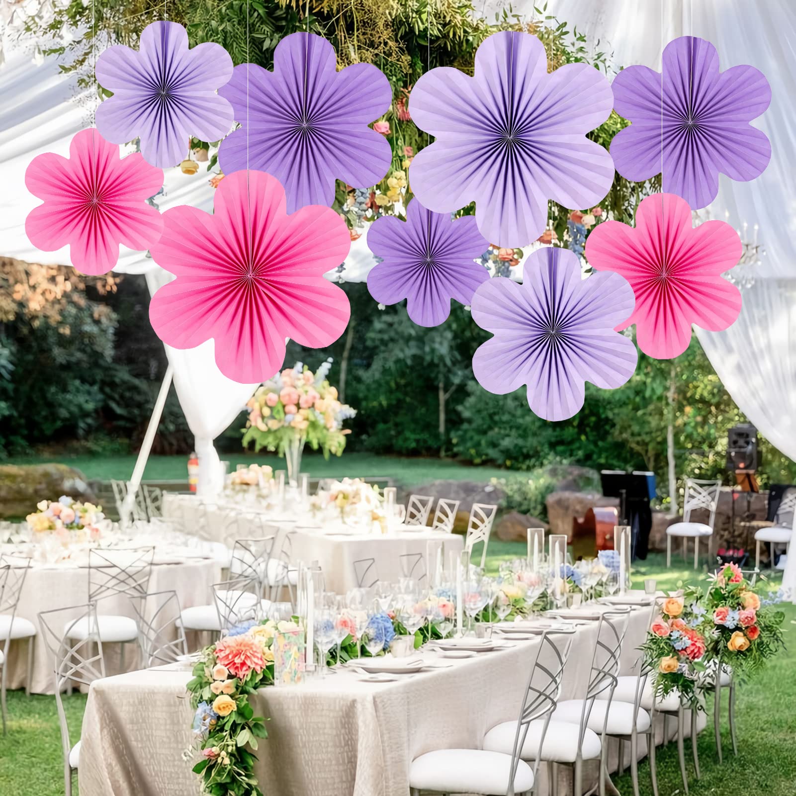 SUNBEAUTY Flower Party Decorations Paper Fans Classroom Decoration Paper Floral Backdrop Decor Paper Fans Decoration Hanging Paper Fans Purple Flower Wall Decor Set of 9 (US1-ZM-202303284)