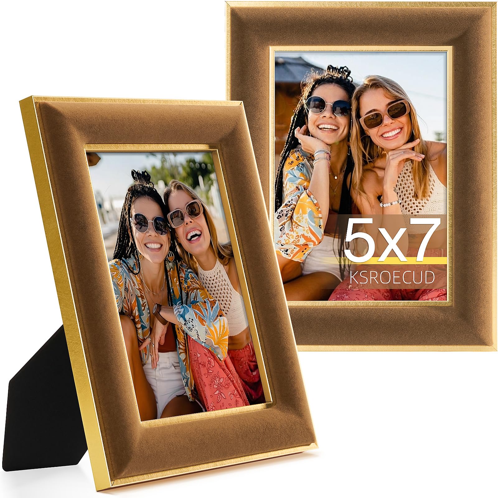 KSROECUD 5x7 Velvet Picture Frame, Brown Photo Frames with Modern Simple Metallic Gold Border, HD Real Glass Horizontal & Vertic