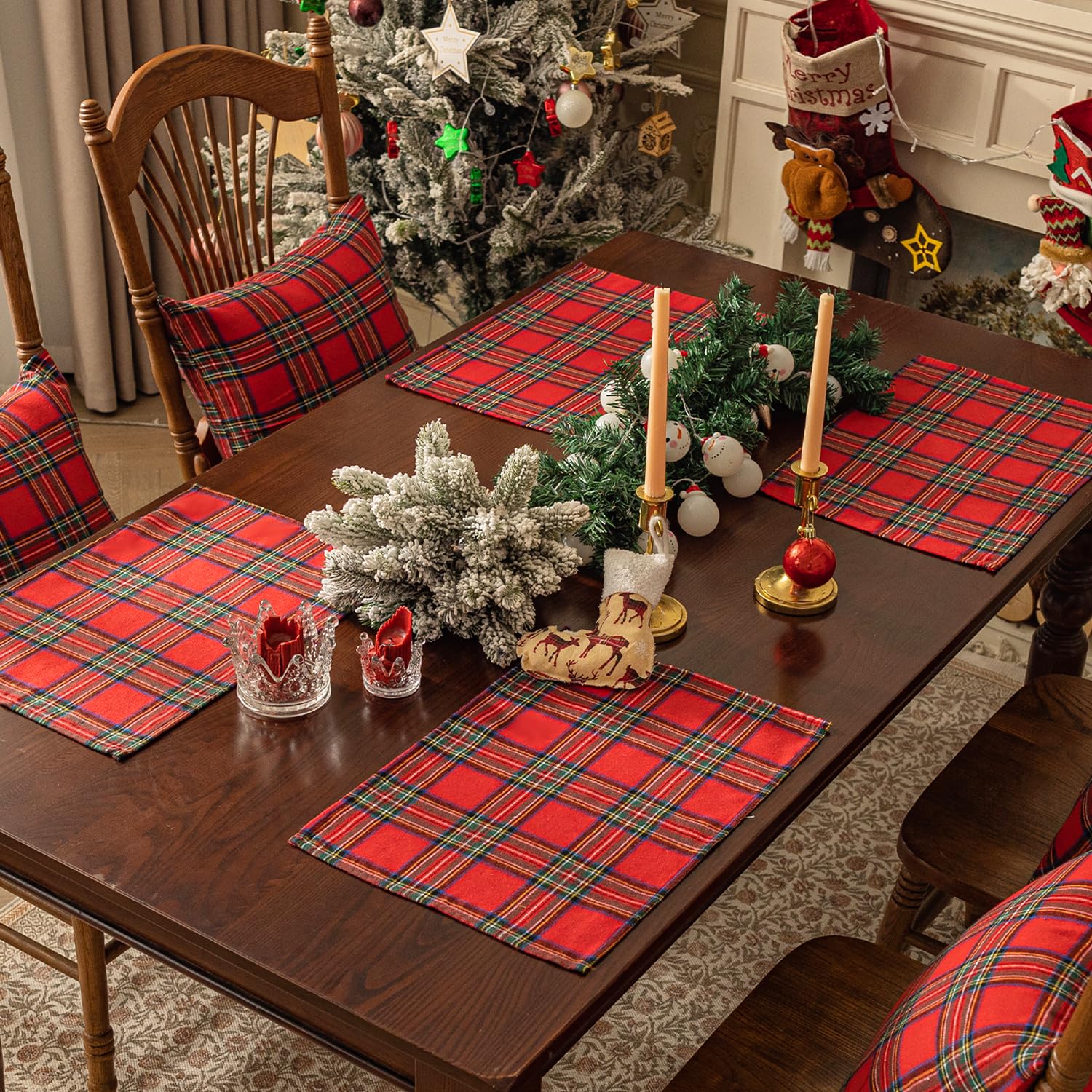 Softalker Christmas Checkered Tartan Placemats Set Of 4-12 X 18 Inch - Red Buffalo Plaid Xmas Place Mats, Heat Resistant Washabl