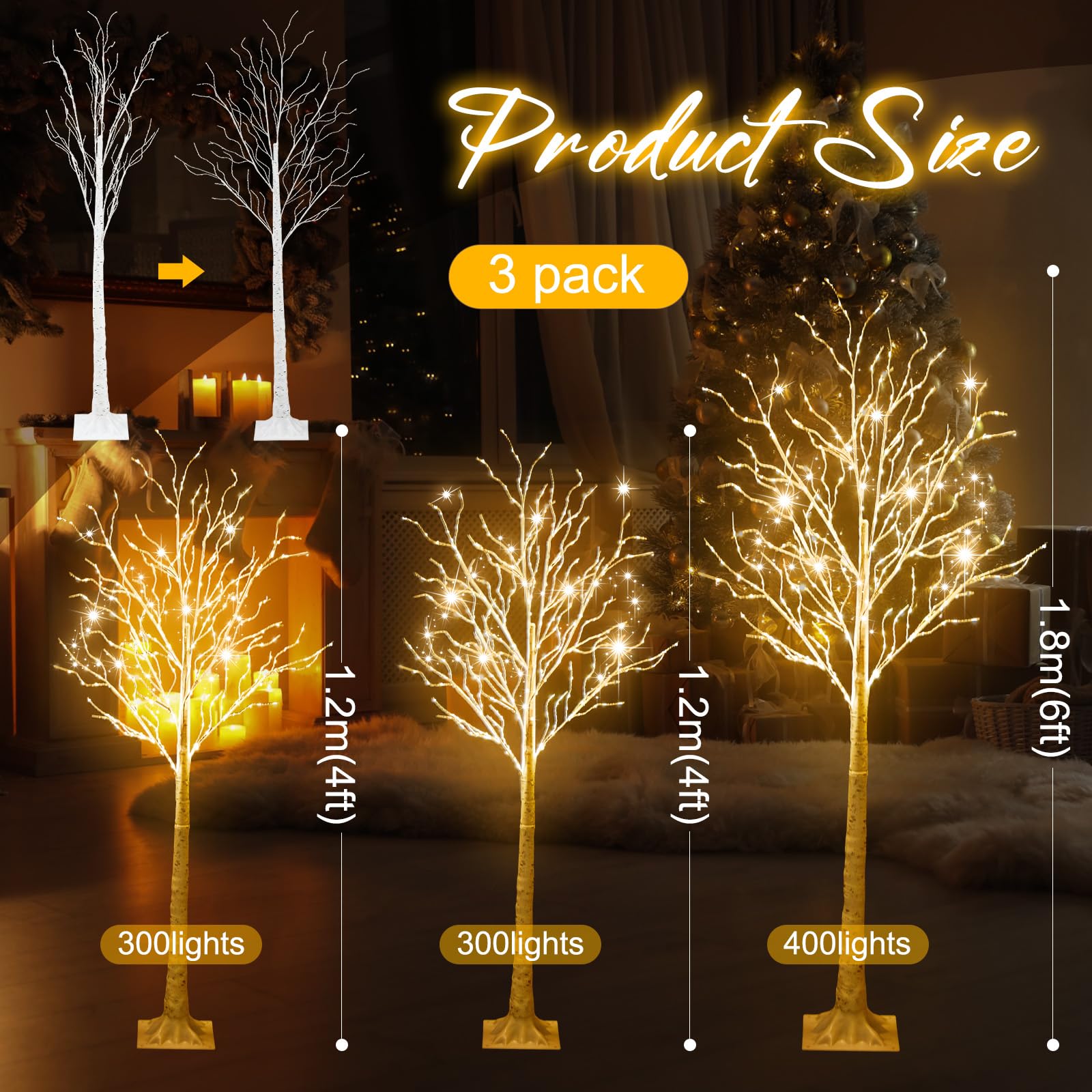 Aurelema 3 Pcs 4ft 6ft Lighted Birch Tree 8 Modes Christmas Artificial LED Warm White Lights Birch Tree for Indoor and Outdoor H