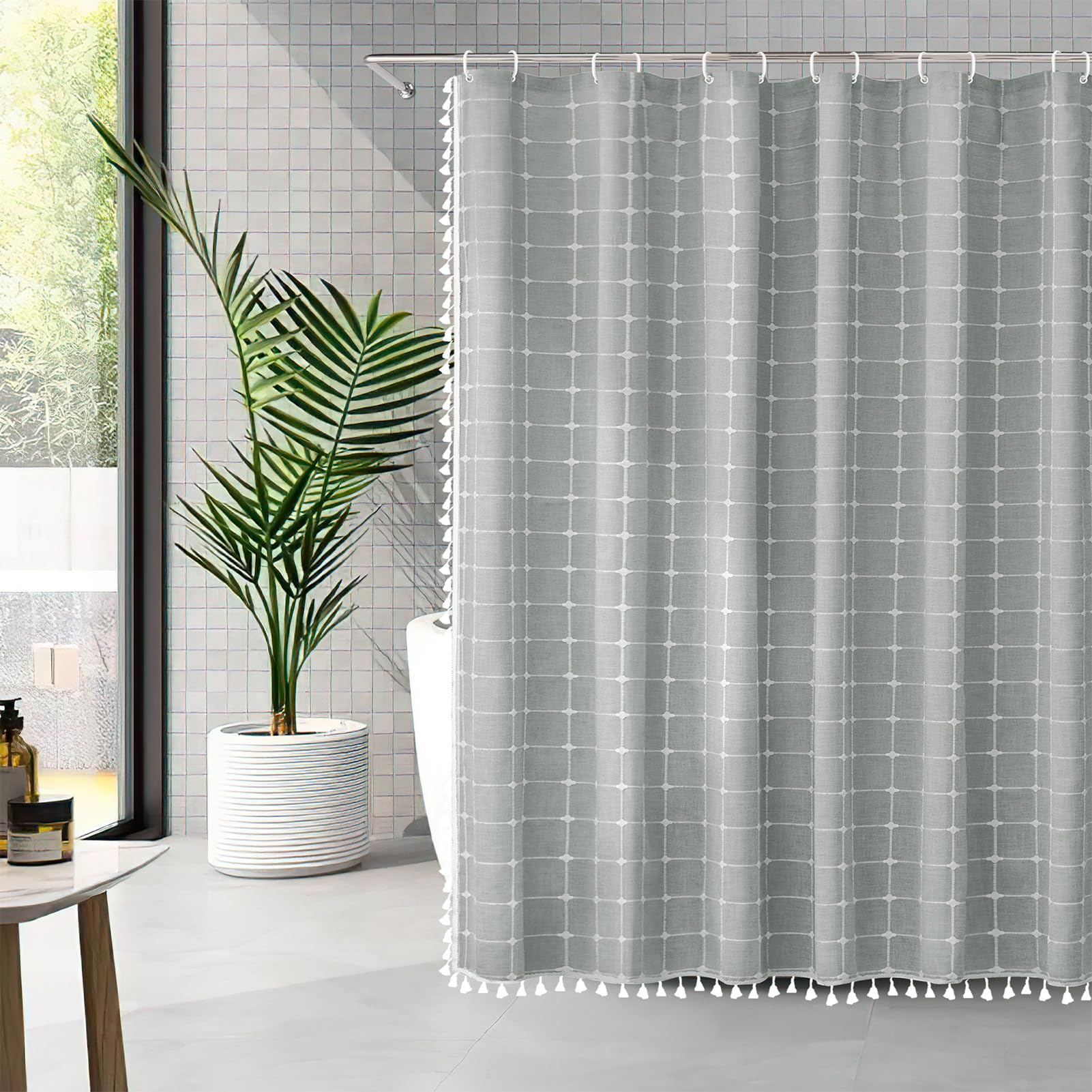 Boho Shower Curtain Farmhouse Linen Waterproof Thick Fabric Checkered Shower Curtain Set With Tassels, Modern Luxury Hotel Weigh