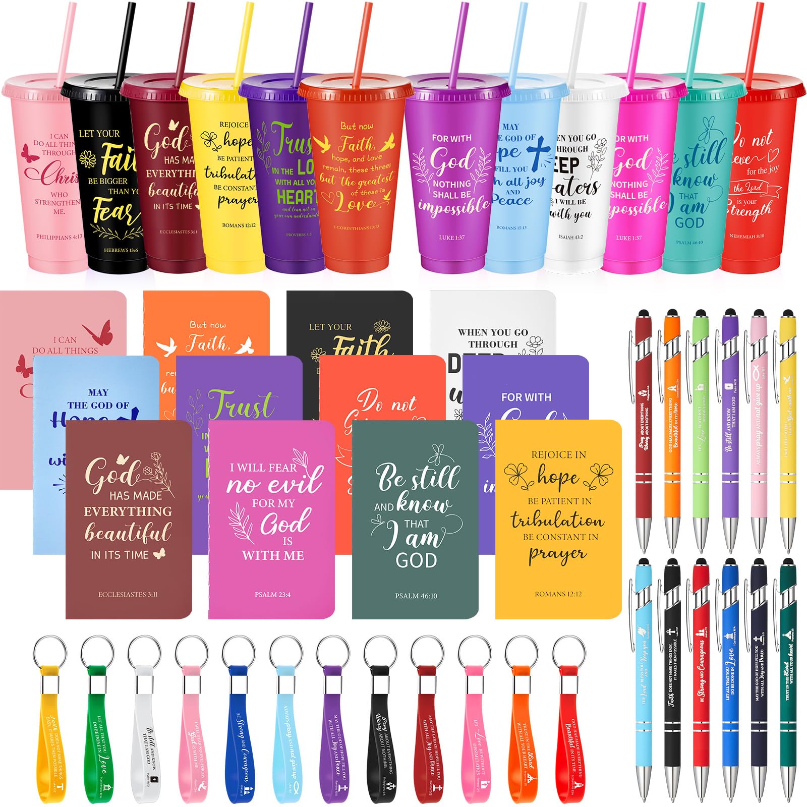 Hollowfly 12 Set / 48 Pcs Christian Church Gifts Bulk, Plastic Cups with Bible Verse Pens Keychains Notebooks for Women Christia