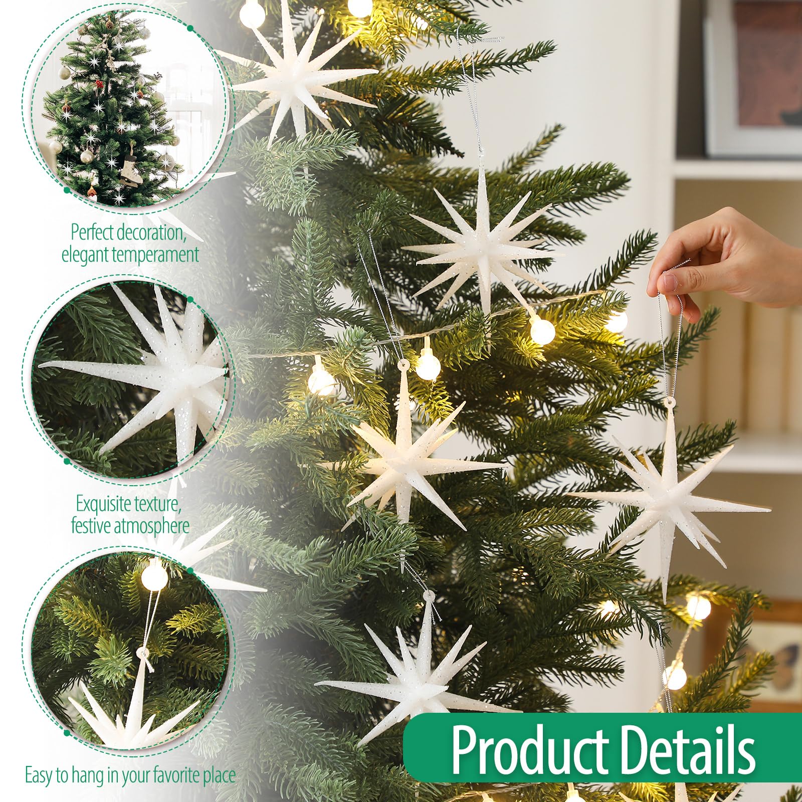 Wonderjune 6 Inch Set of 8 Glitter Large Star Hanging Ornaments Christmas Tree Decorations Plastic Festive Embellishments Pendan