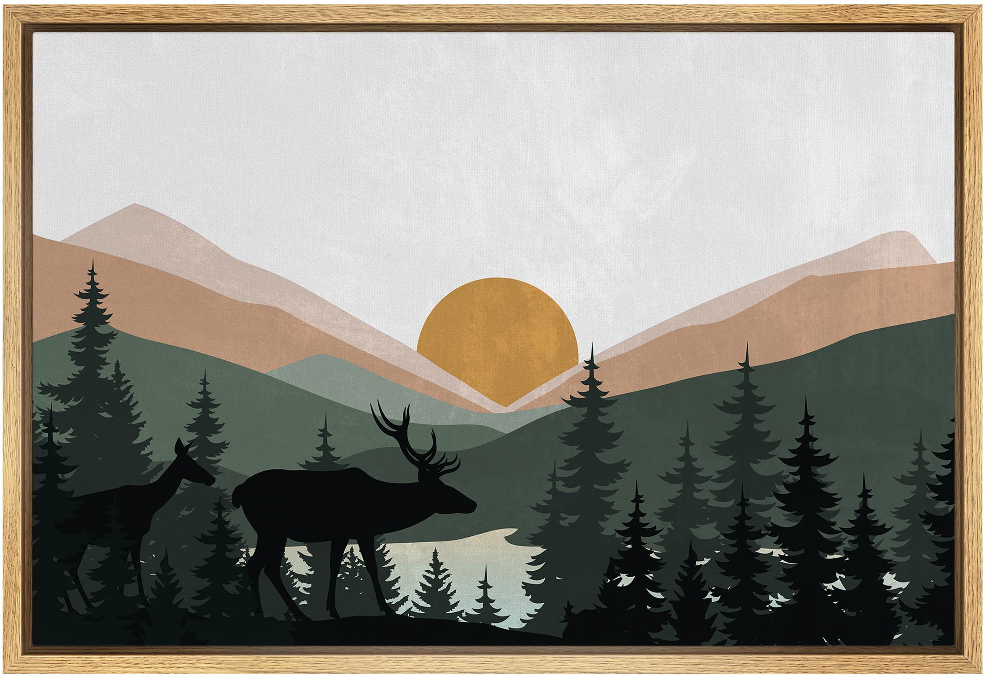 Signford Framed Canvas Print Wall Art Woodland Nursery Decor Sunlight Mountain Pine Forest Lake Nature Wilderness Art Decorative