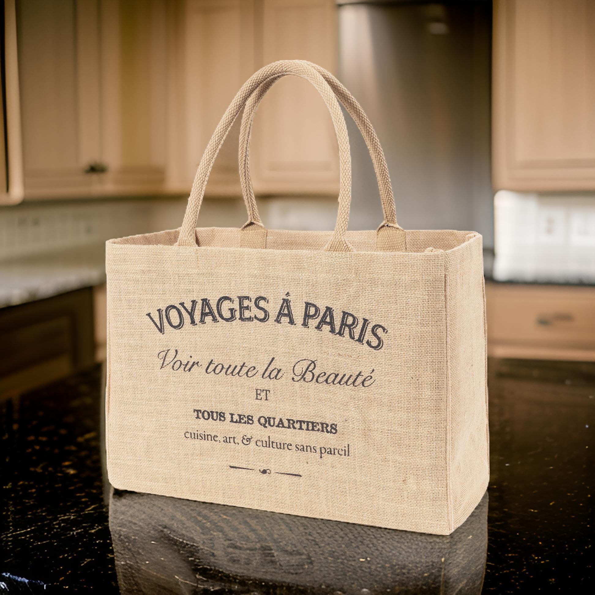 Kaf Home Jute Market Tote Handles Reusable Grocery Bag, Voyages