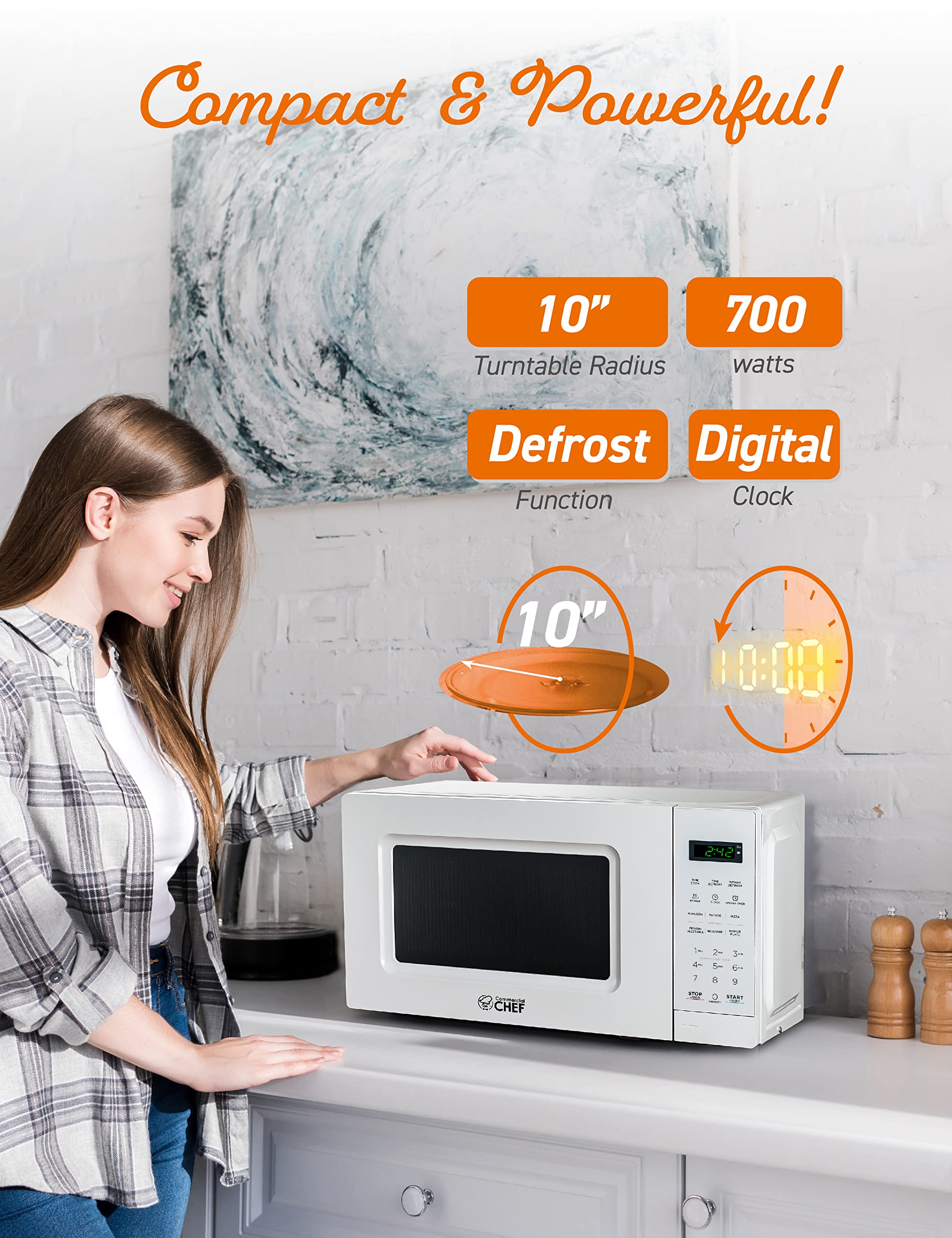 COMMERCIAL CHEF 0.7 Cu Ft Microwave with 10 Power Levels  700W Microwave with Digital Display  Countertop Microwave with Child Safety Door Lock  Programmable with Push Button  White