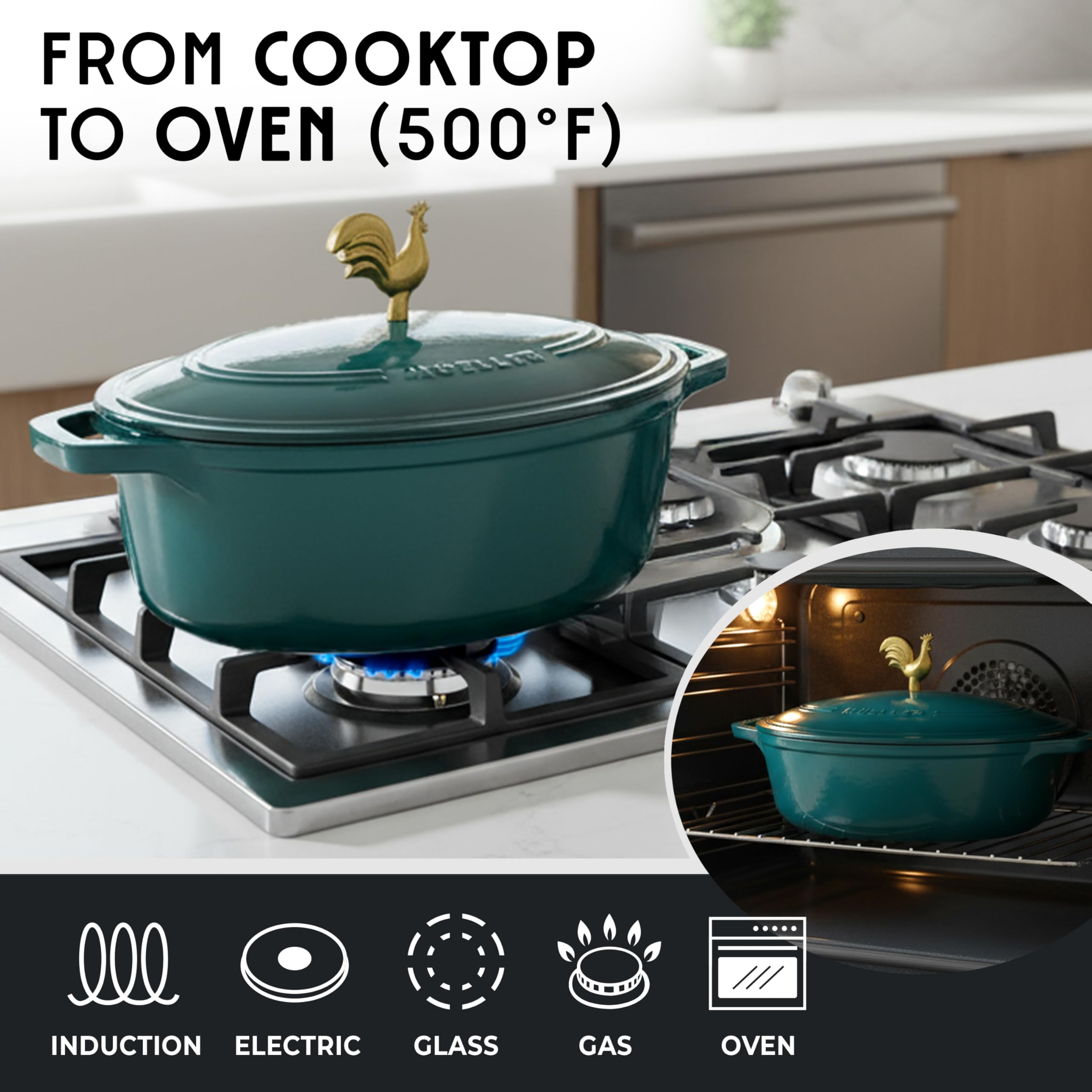 MELLERHOME 5.5 Quart Enameled Cast Iron Oval Dutch Oven, Rooster Knob, Heavy-Duty Cookware, Oven-Safe up to 500 F & Across All C