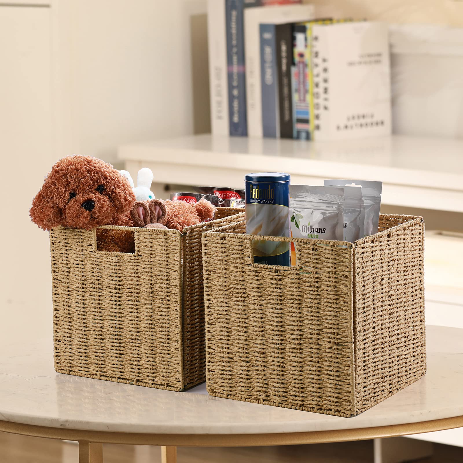 Vagusicc Wicker Baskets, Set Of 2 Hand-Woven Storage Baskets For Shelves With Handles, Foldable Cube Wicker Storage Basket Bins