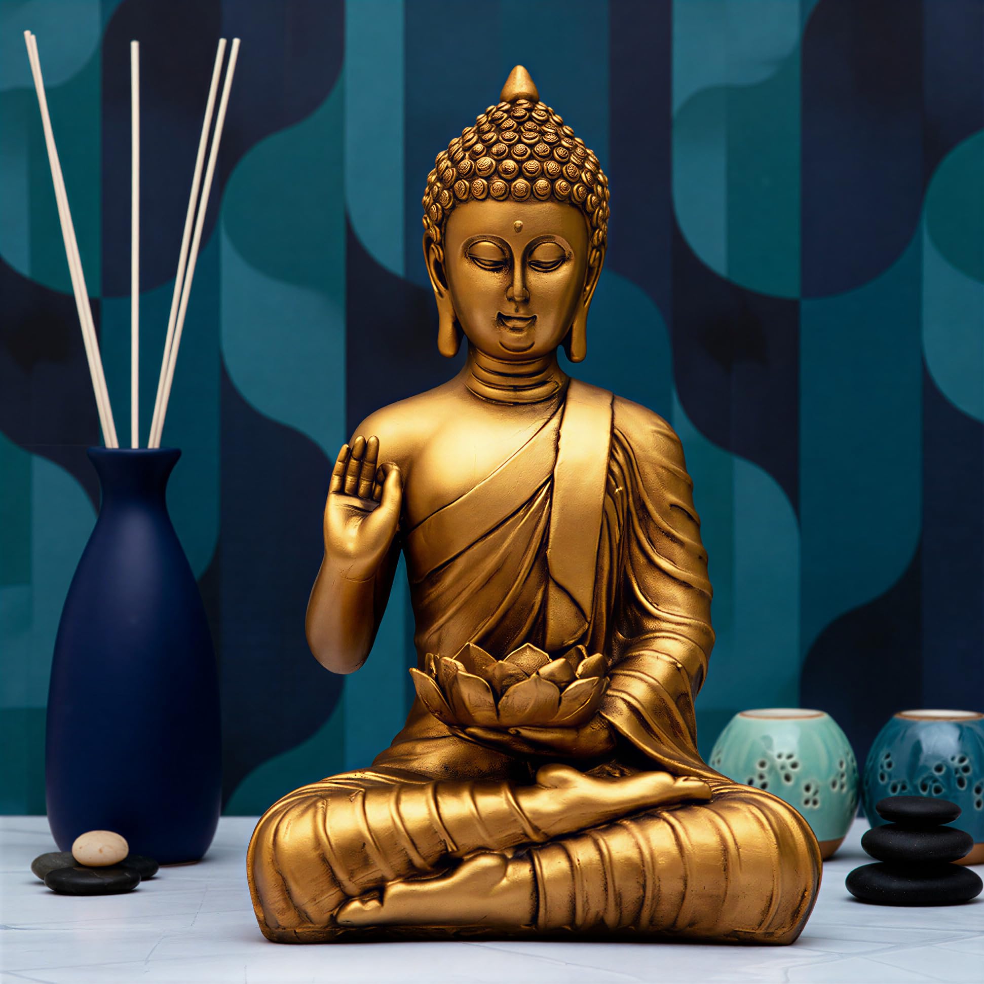 Heeran Art New Meditating Sitting Buddha Statue Showpiece Idol Home Decor Items For Living Room And Gifts (Golden 4, Medium)