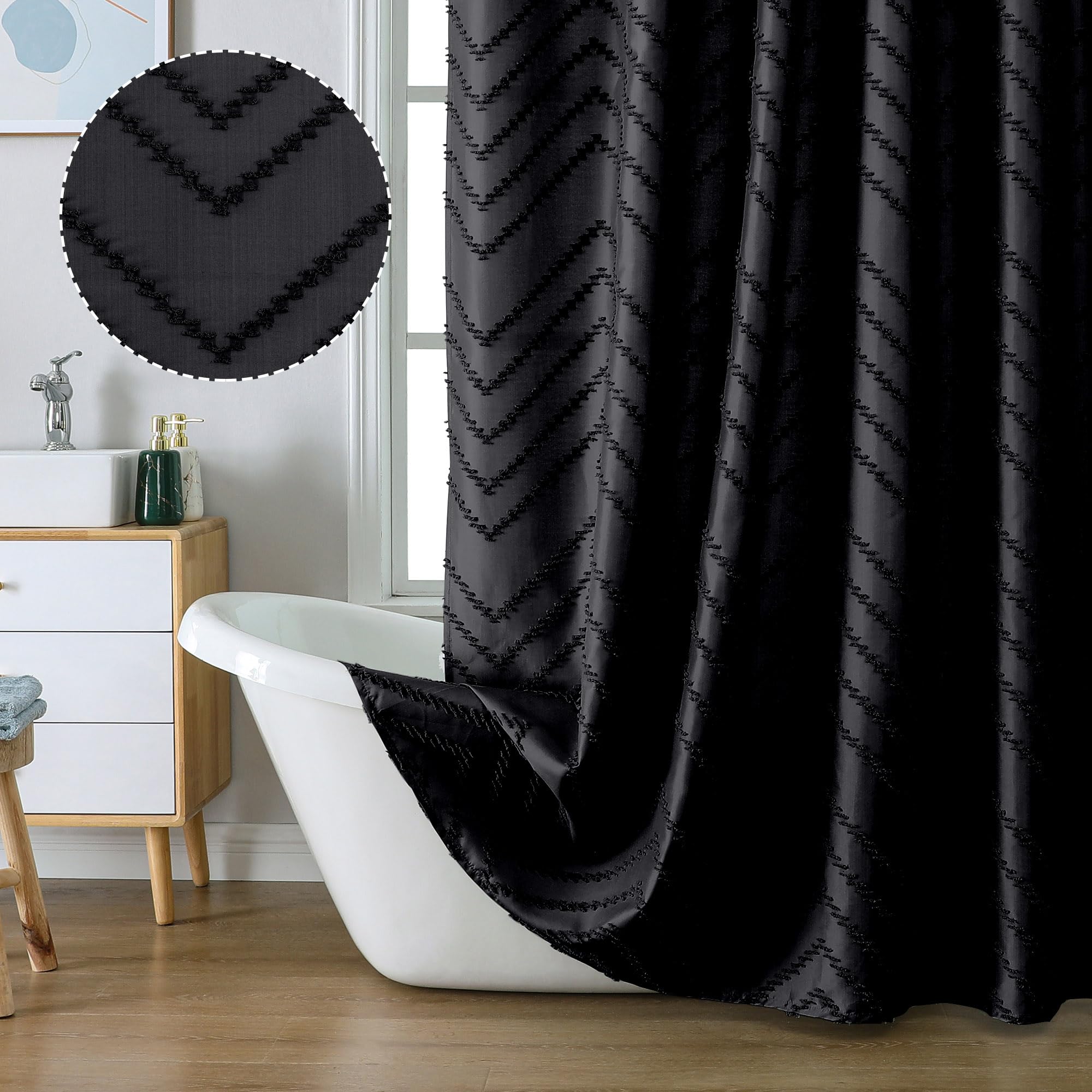 Chyhomenyc Chevron Extra Long Black Boho Shower Curtain Set 72X78 Inches, Fabric Shower Curtain Modern Farmhouse Chic Textured T
