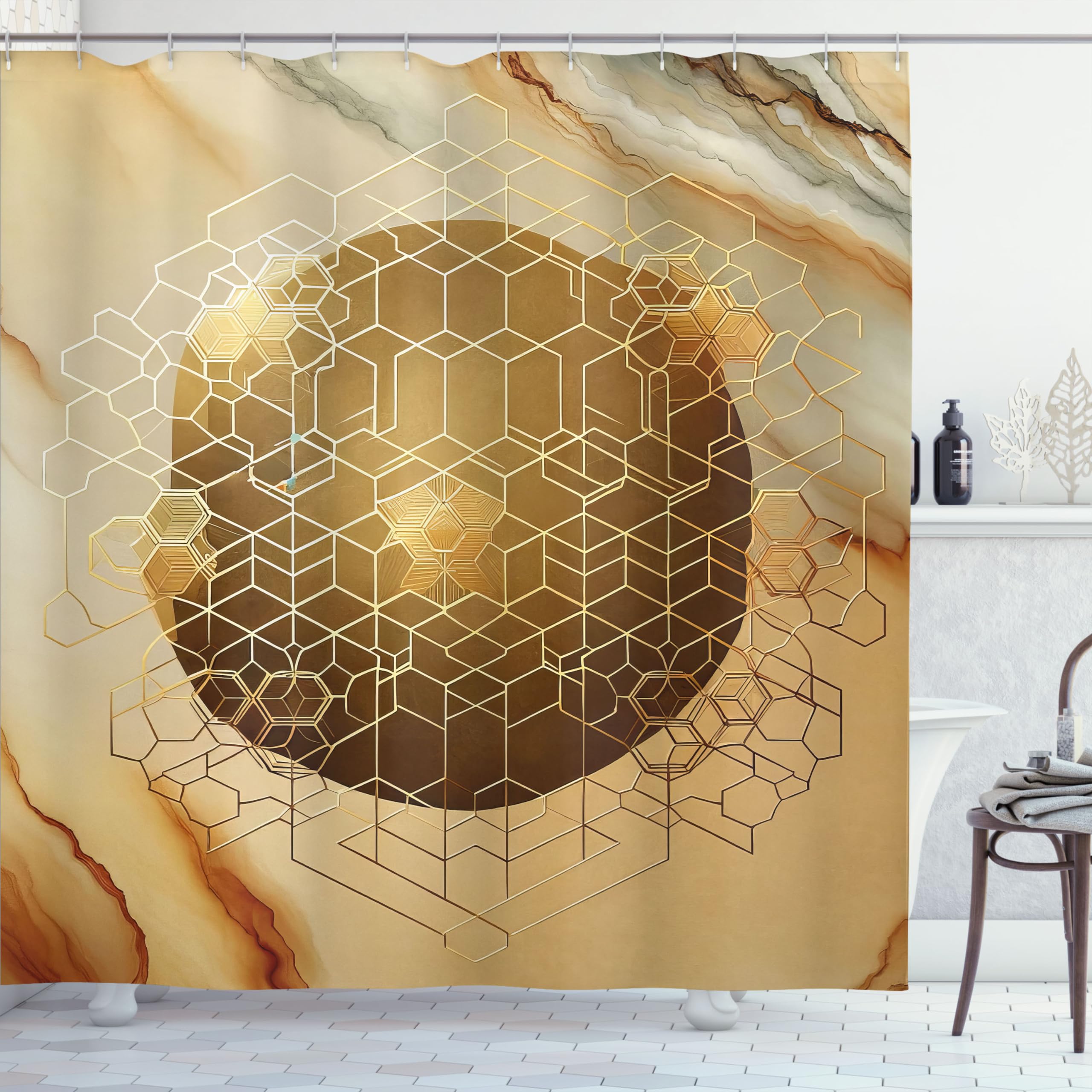 Ambesonne Yellow Shower Curtain, Earth Tones Futurist Cubes Featuring A Ball Shape On Marble Print Back, Cloth Fabric Bathroom D