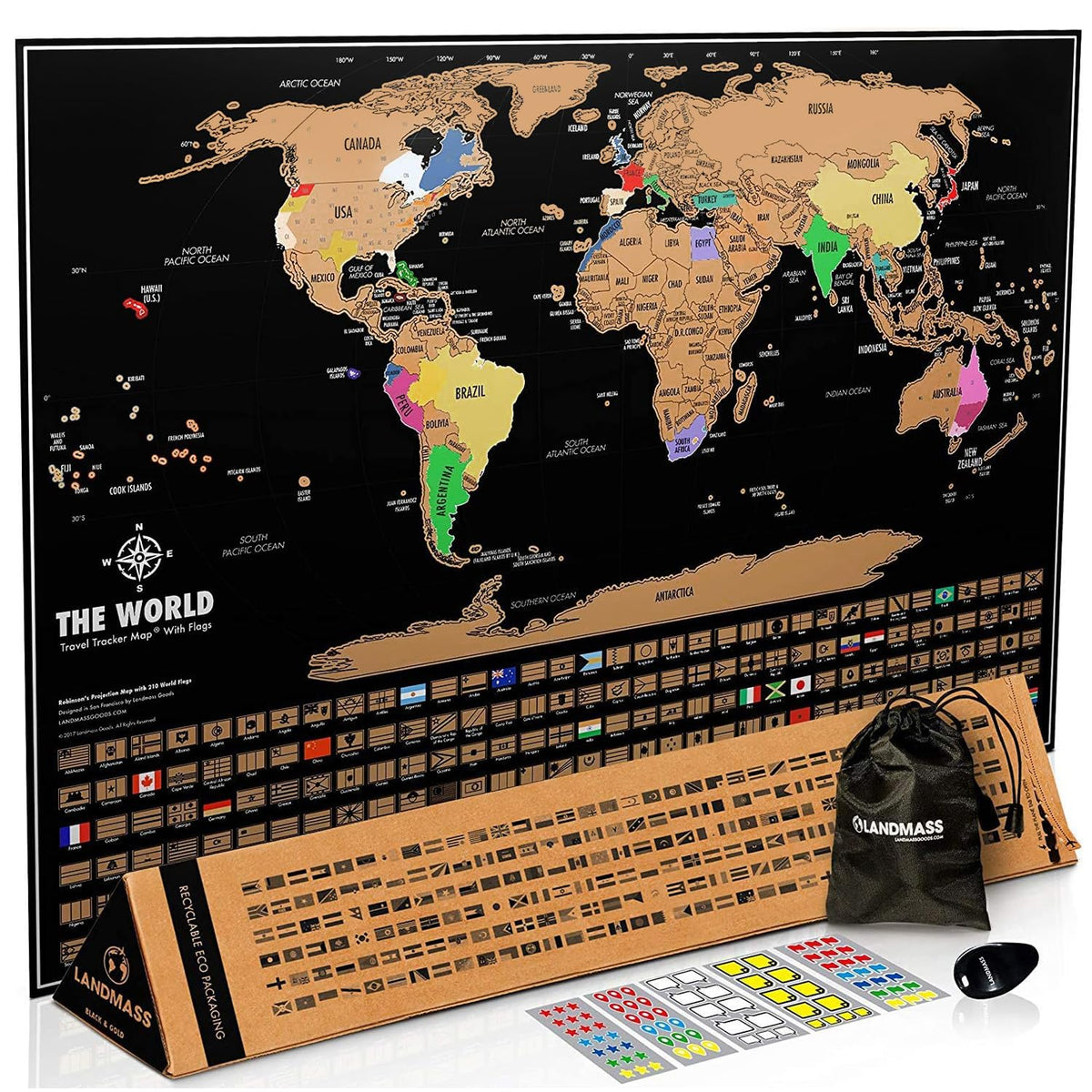 Landmass Scratch Off World Map, Deluxe Travel Tracker Map Poster With Flags, Detailed Cartography, Map Of The World, Gift Idea F