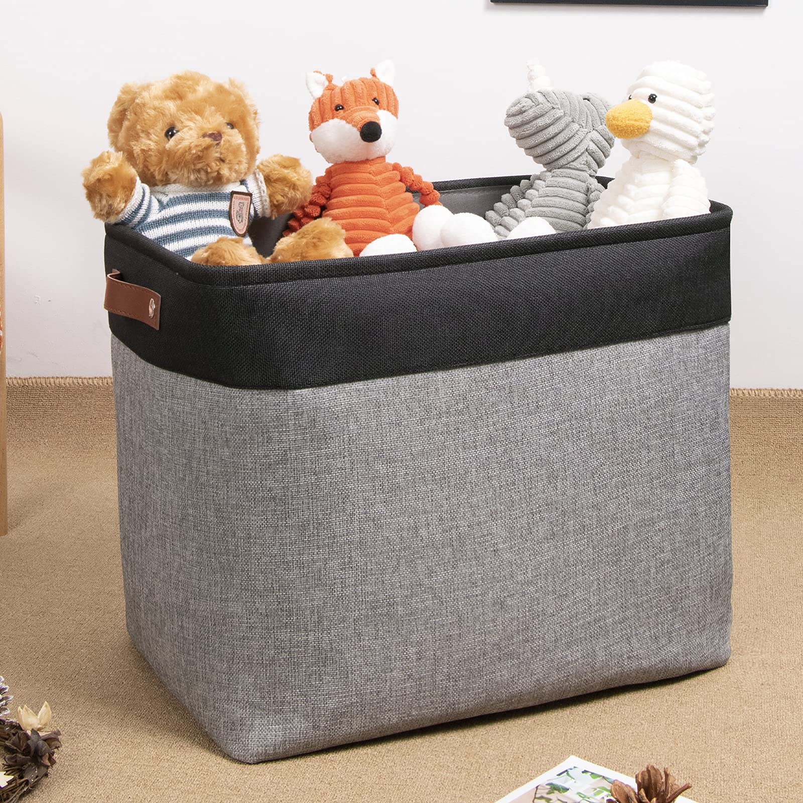 DULLEMELO Large Collapsible Storage Basket/Bin with Durable Leather Handles  Fabric Organizer Bin for Storage Clothes  Toys  Books  Office  Bedroom  Closet  Nursery & Laundry (Black&Gray)