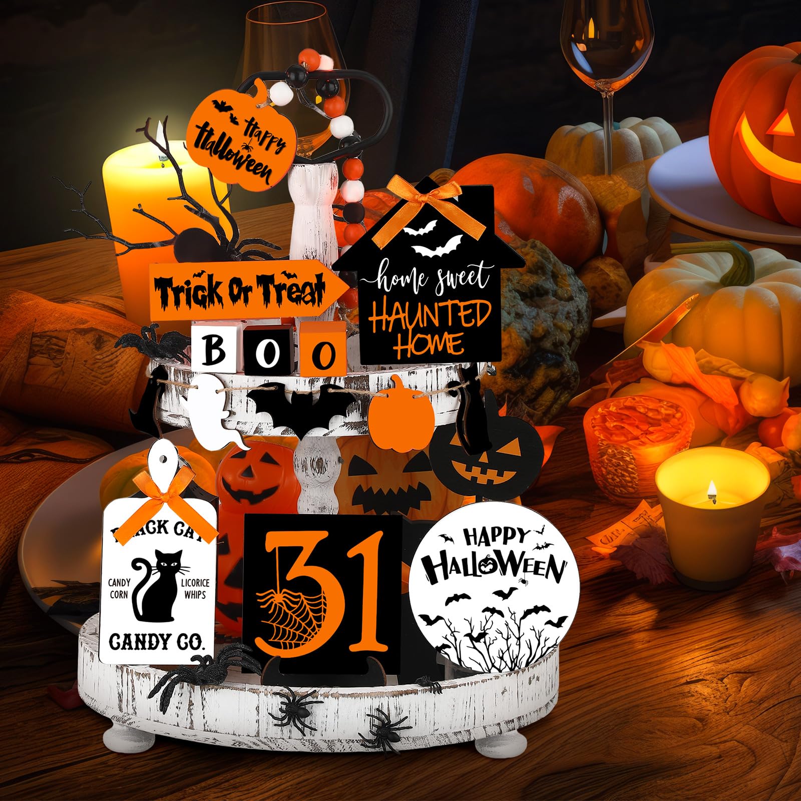 Umigy 15 Pcs Halloween Tiered Tray Decor Set Cute Ghost Tray Decorations Boo Halloween Wooden Signs Farmhouse Rustic Decoration