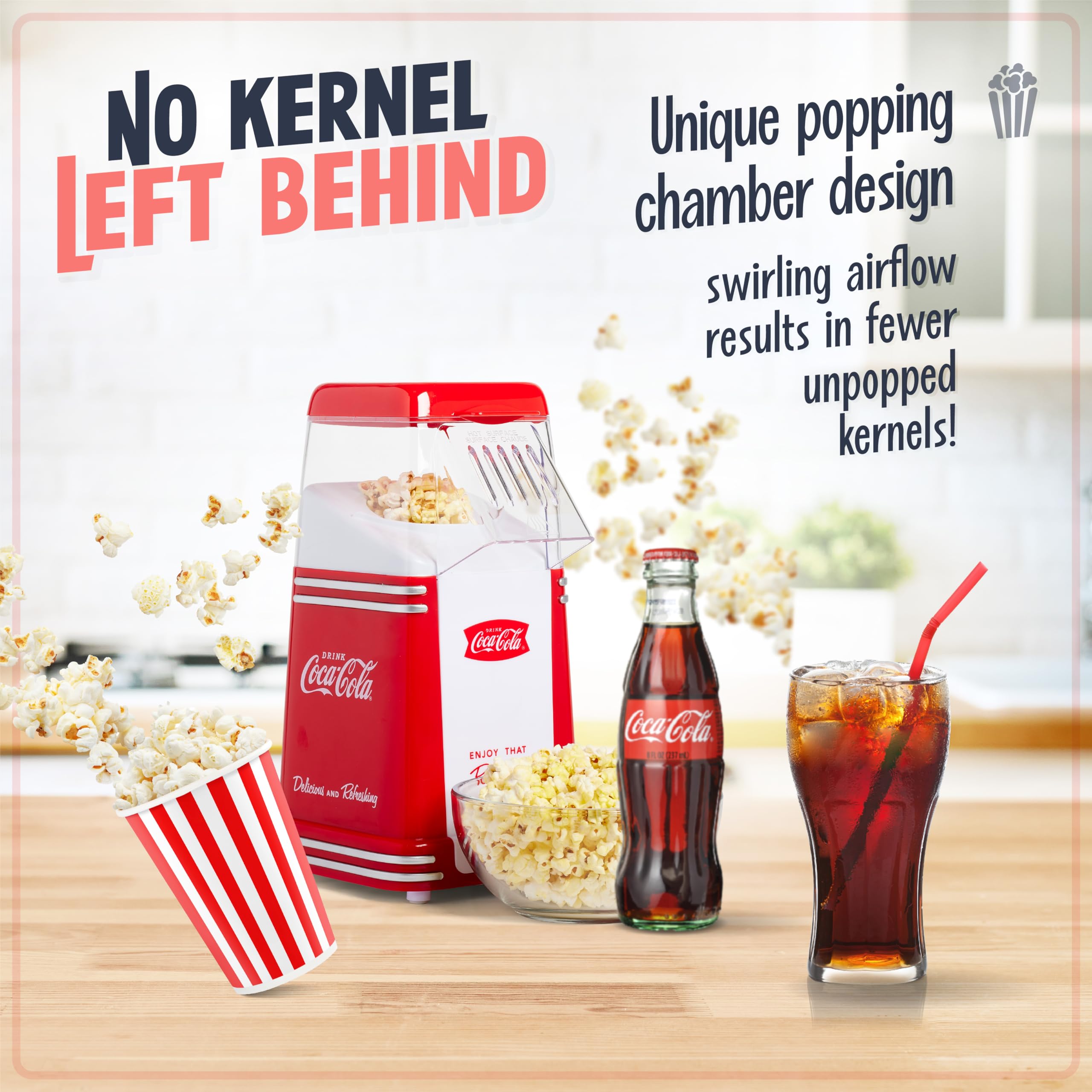 Nostalgia Electrics Coca-Cola Hot-Air Electric Popcorn Maker, 8 Cups, Healthy Oil Free Popcorn With Measuring Scoop, Coke Red &