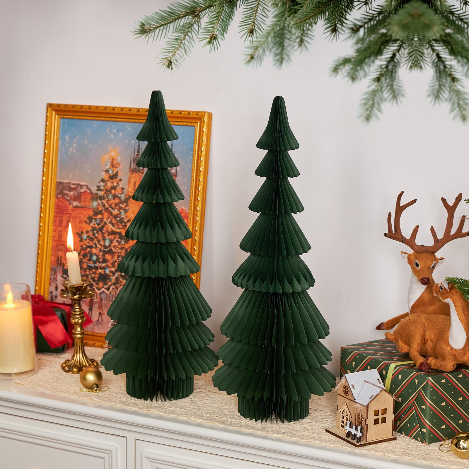 OBBOLO 20 Inch Green Paper Christmas Tree, 2 Pcs Foldable Honeycomb Tabletop Christmas Decorations with Magnetic Closure, Reusab