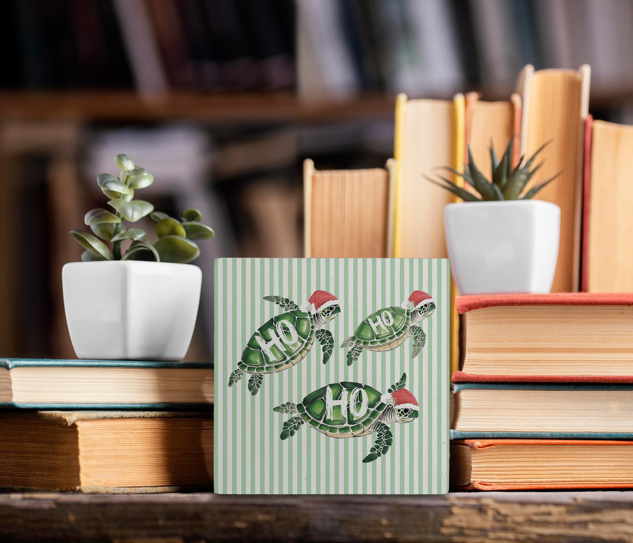 kunlisa Sea Turtle Christmas Beach Wooden Sign, Coastal Christmas Decor, Ho Ho Ho Xmas Santa Turtle Green Striped Wood Box Sign