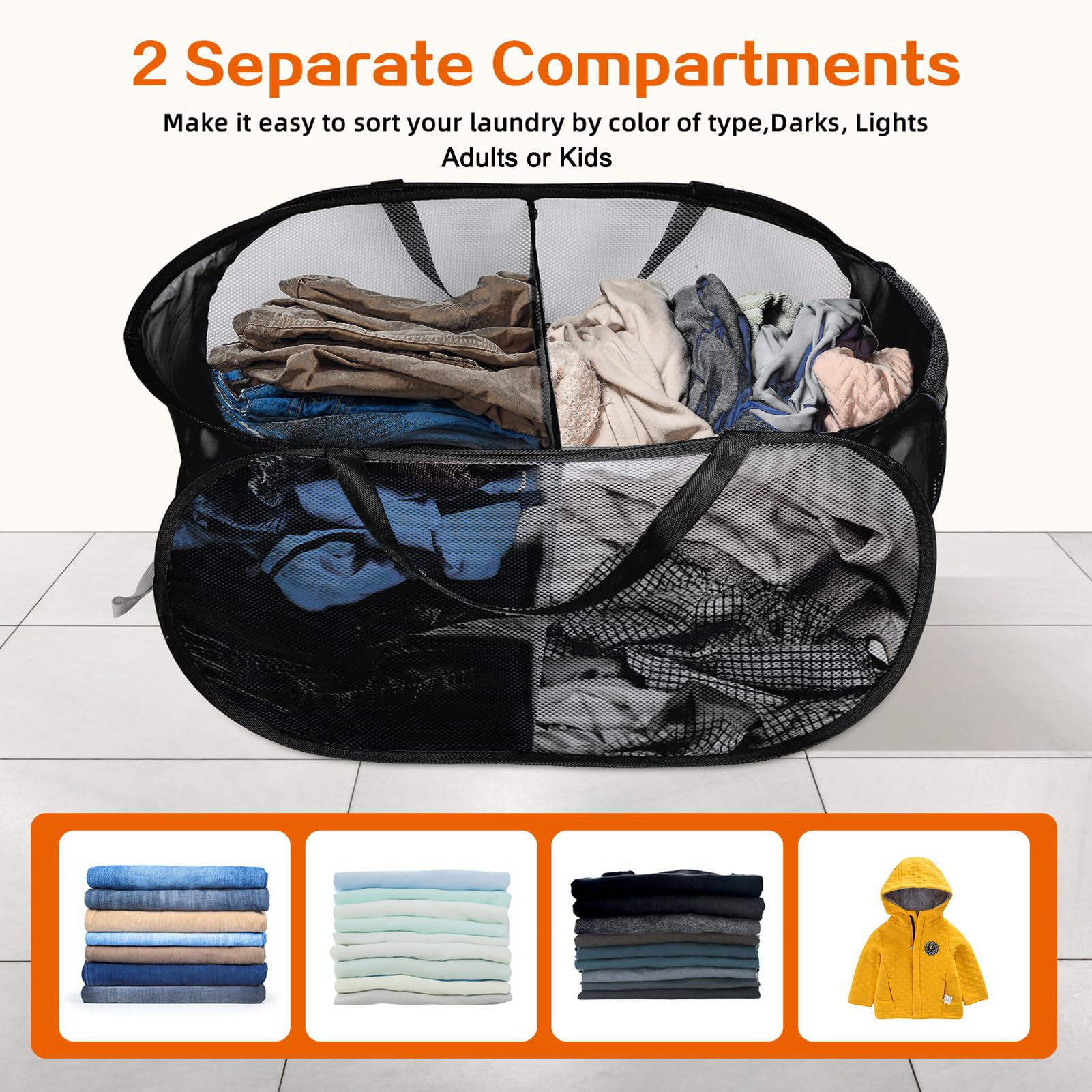 Foldable Laundry Baskets, Collapsible Mesh Laundry Hamper, Durable Pop Up Laundry Basket, 2 Compartments Clothes Hampers For Lau
