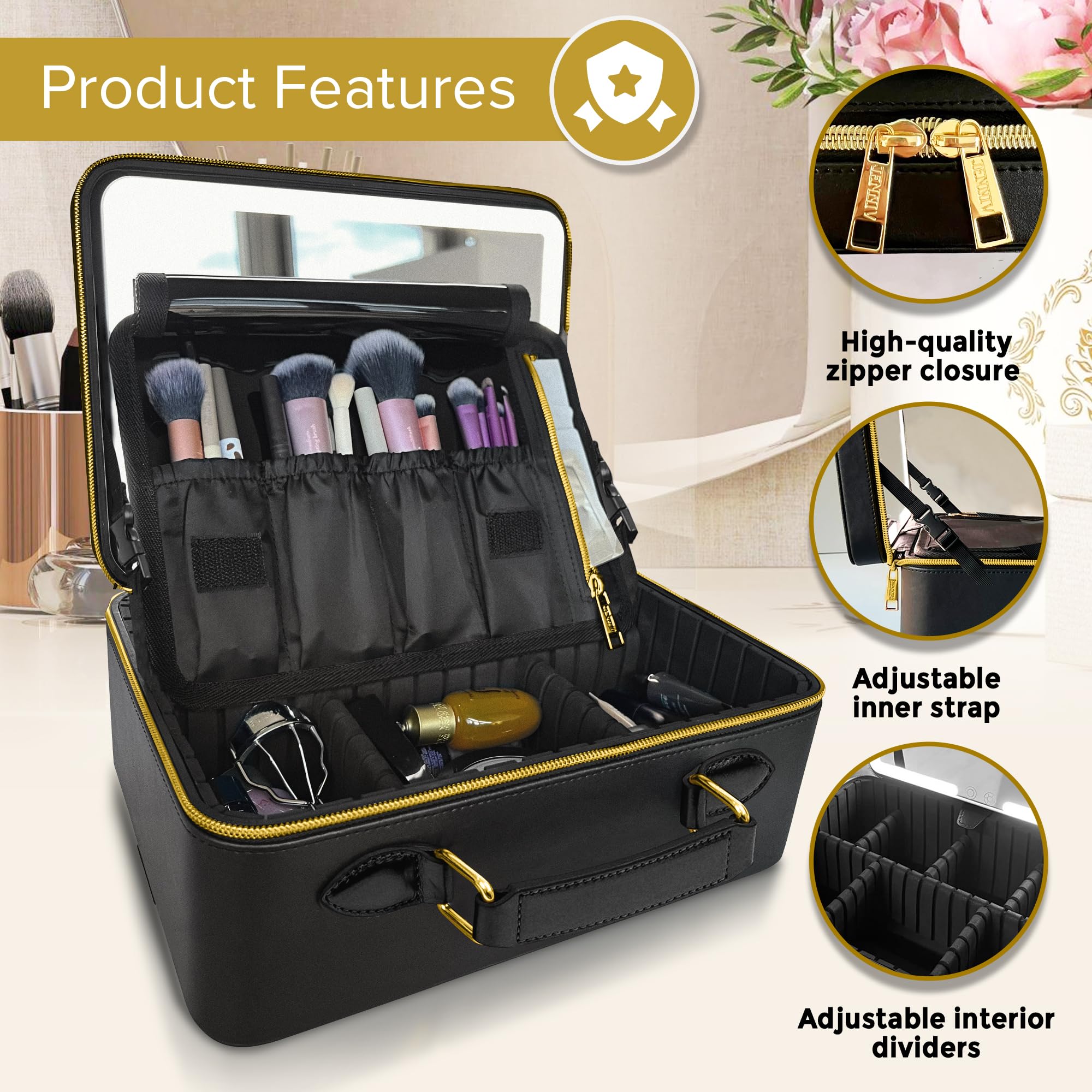 Jenni V Upscale Pu Leather Makeup Bag With Light Up Mirror, 3 Brightness Settings, Adjustable Dividers - Replace Your Bulky Vani