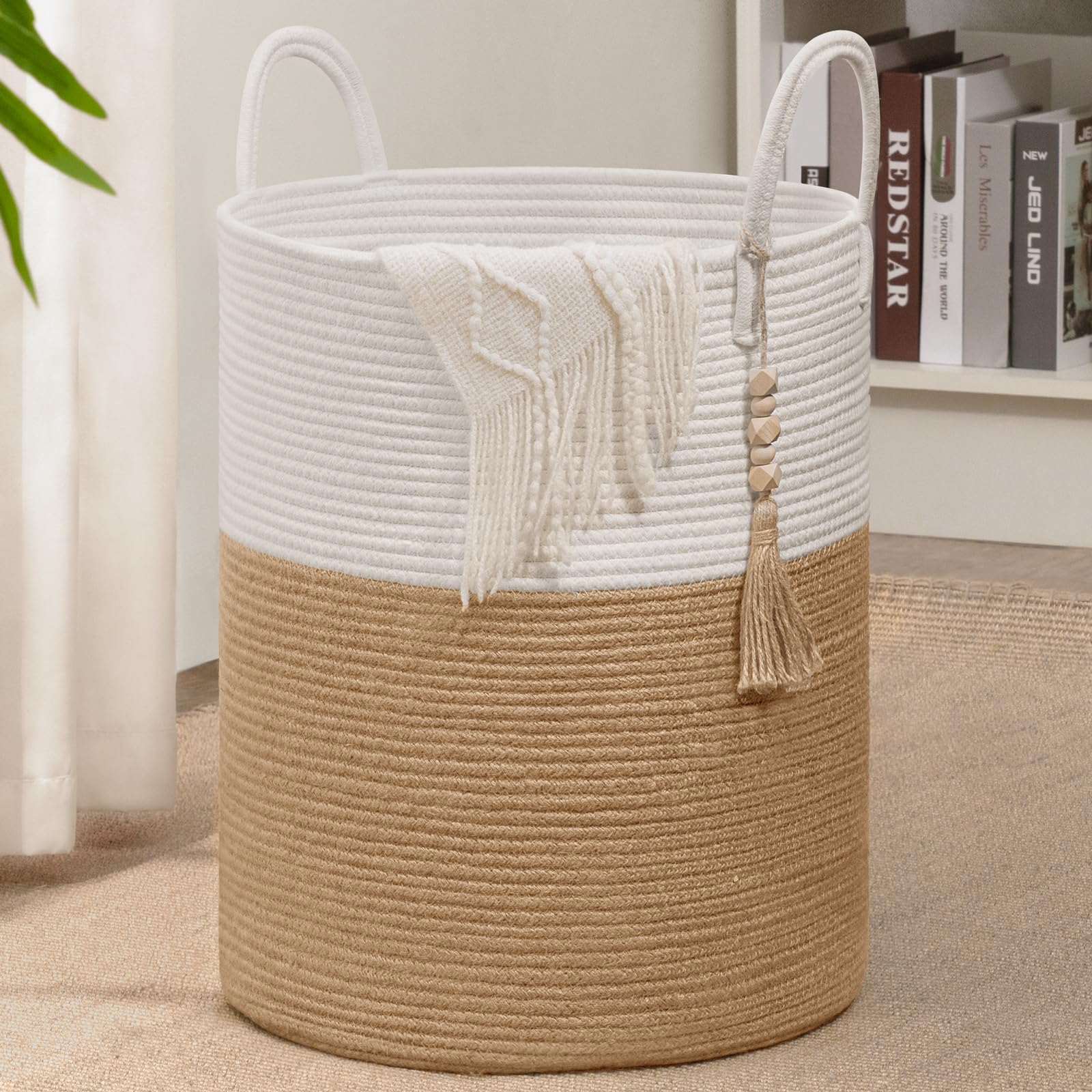 Goodpick Woven Laundry Basket Decorative Blanket Basket For Living Room, Tall Storage Basket For Clothes, Toys, Towels, Wicker L
