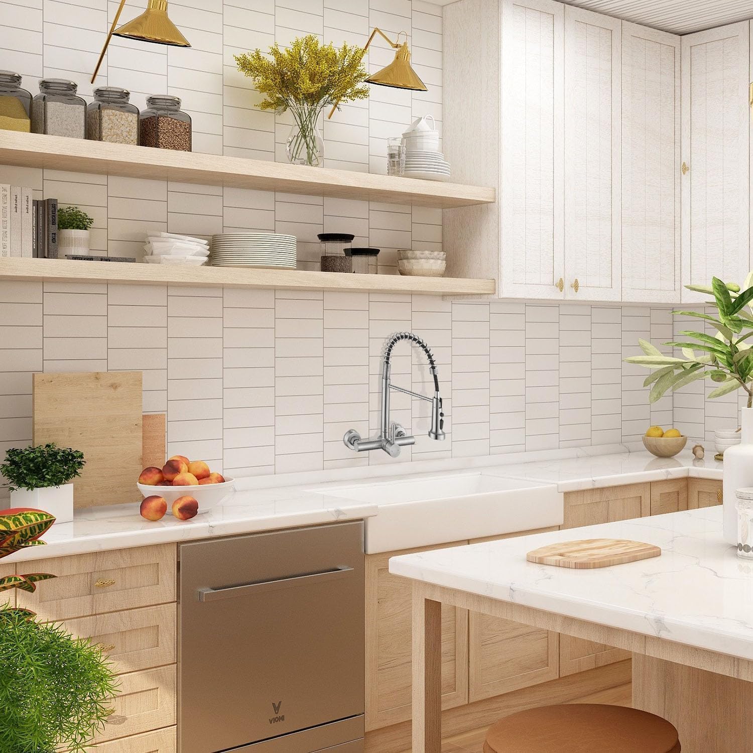 Zhyich Wall Mount Kitchen Faucet With Pull Out Sprayer, 8 Inch Center Commercial Kitchen Sink Faucet, Spot-Free Stainless Steel,