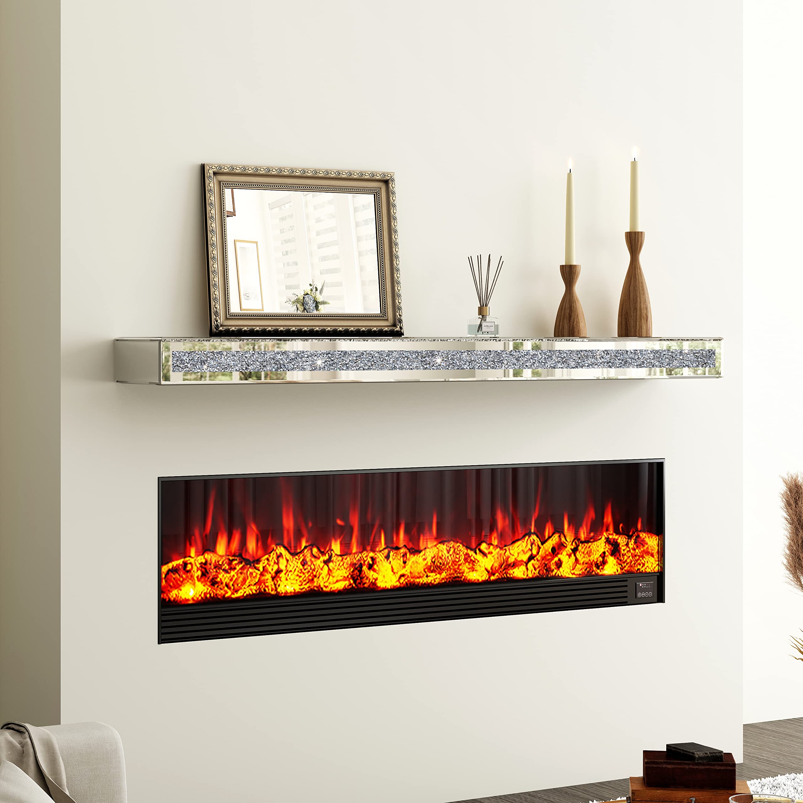 blingworld Fireplace Mantel Mirrored, 48 Glass Floating Mantel Shelf for Over Fireplace & Under TV, Gorgeous Crystal Crushed Diamond Floating Wall Shelves for Living Room, Bedroom, Kitchen, Silver-New Condition