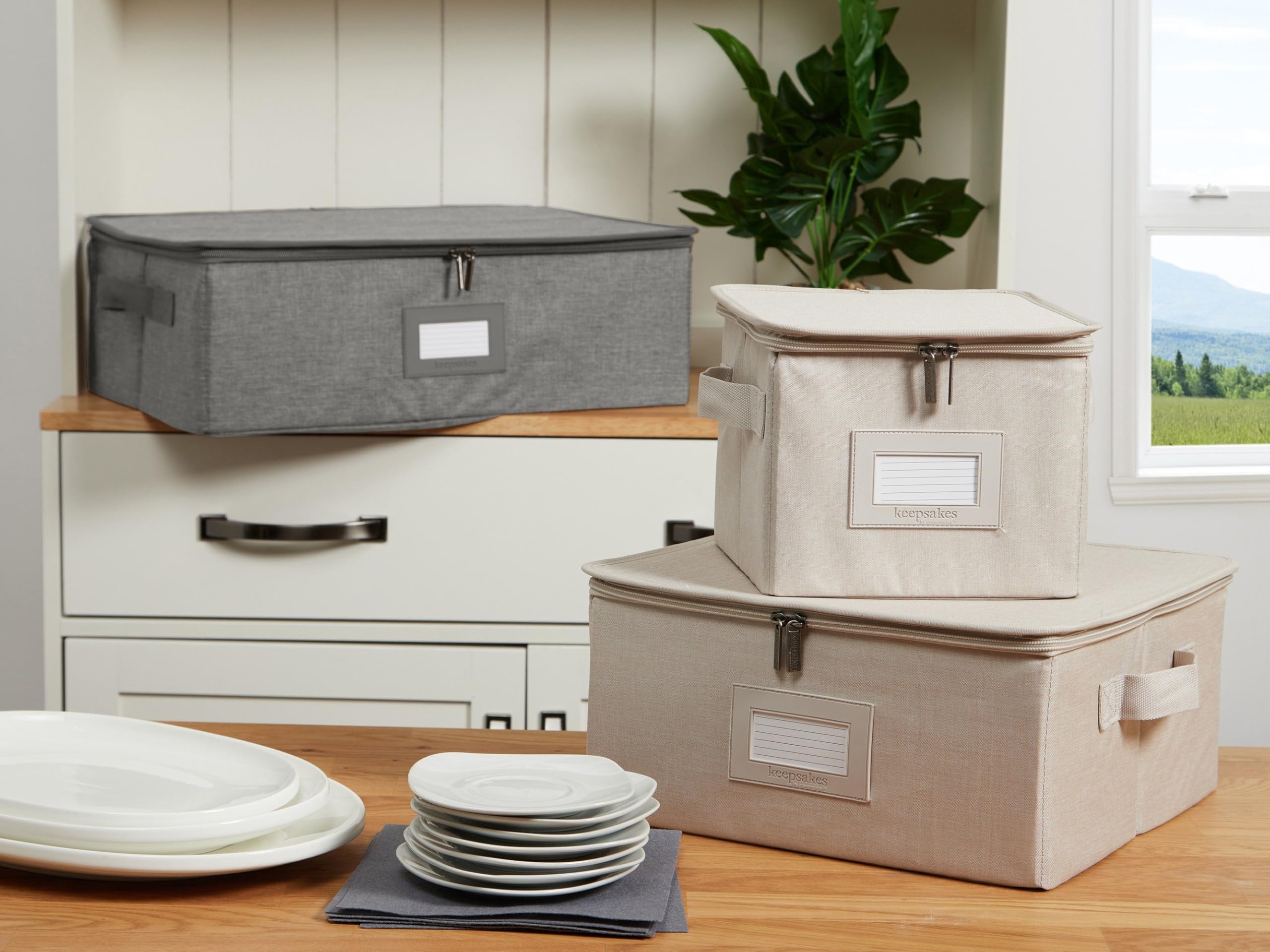 Covermates Keepsakes Dish Storage Box - Stackable, Reinforced Handles, China Storage-Grey Heather