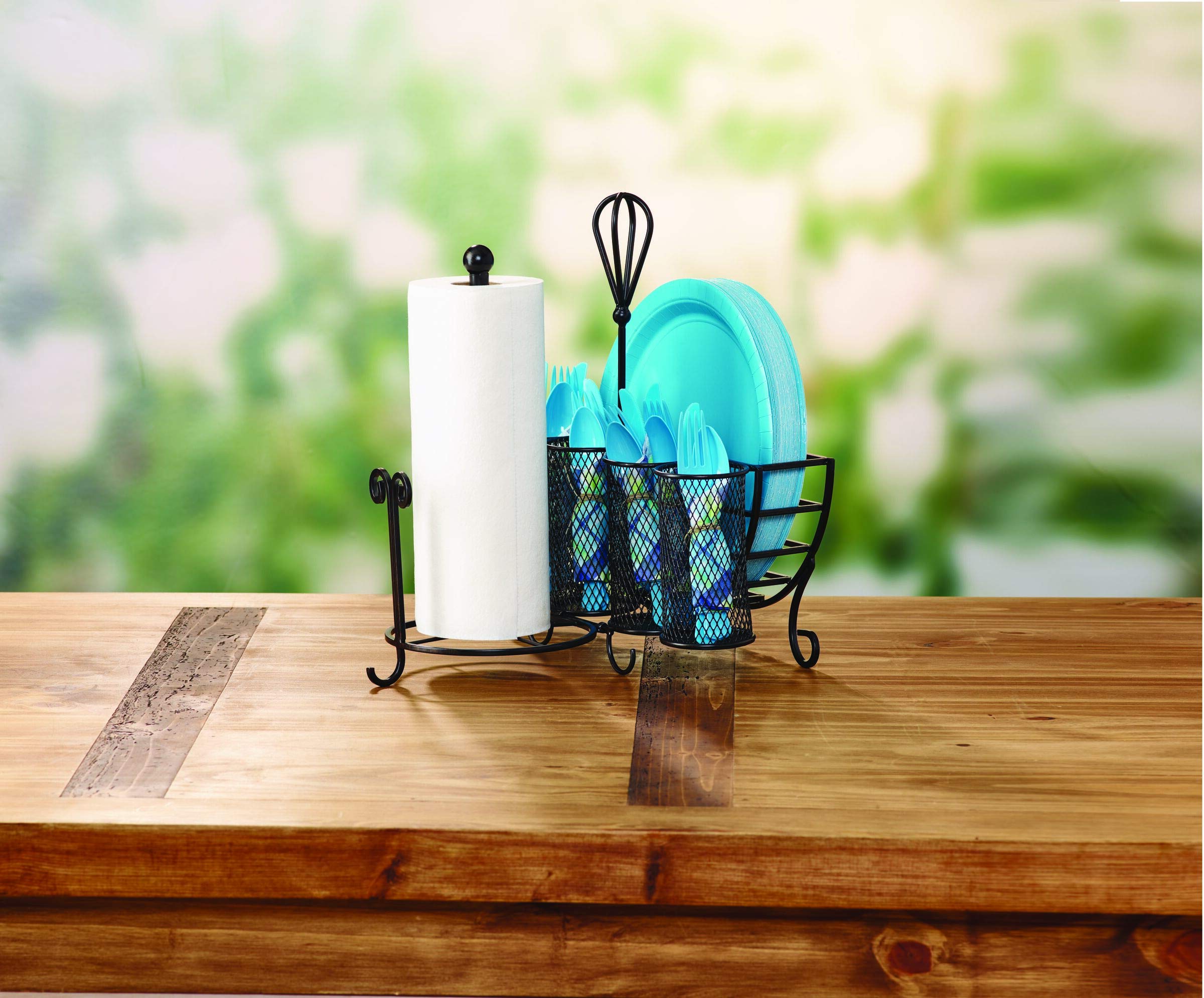 Gourmet Basics By Mikasa 5176813 Avilla Picnic Plate Napkin And Flatware Storage Caddy With Paper Towel Holder, Antique Black, C