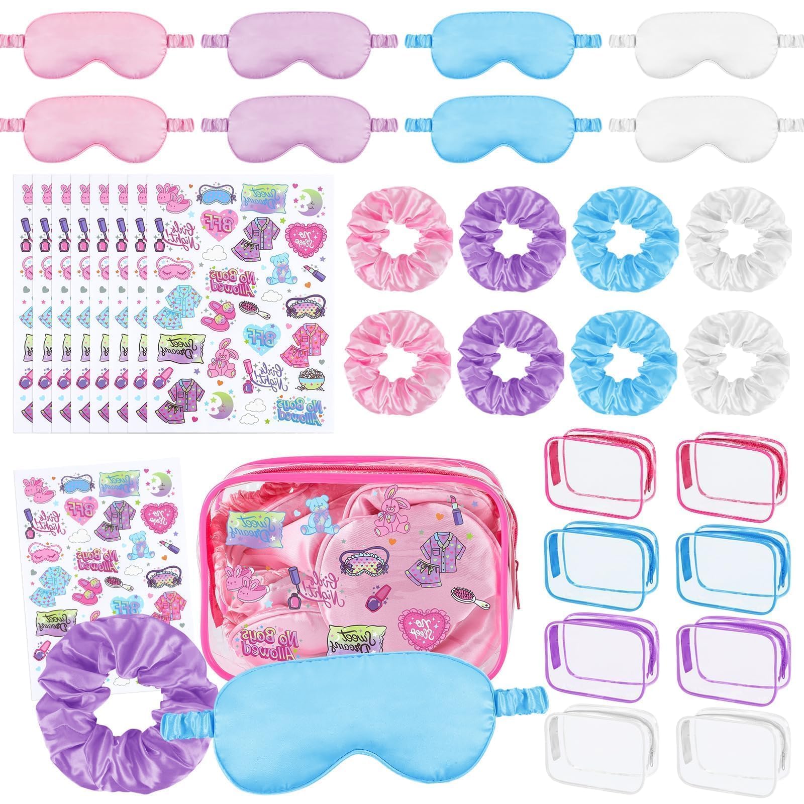 YLOLUL 16 Pcs Spa Sleepover Party Supplies for Girls Makeup Party Favor with Hair Scrunchies Clear Cosmetic Bags Eye Masks Sleep