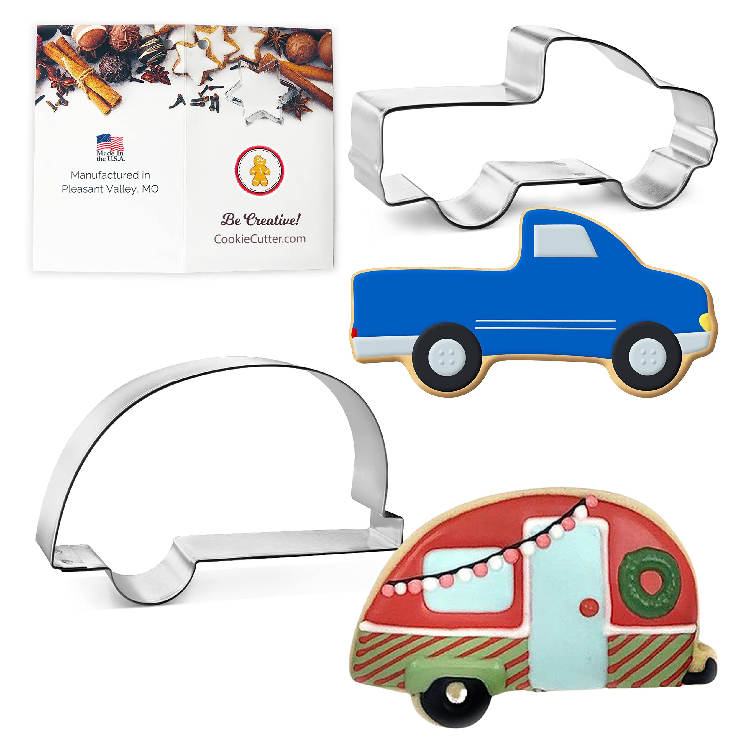 Lets Go Camping! Cookie Cutter 2 Pc Set - Camper, Pickup Truck Cookie Cutters Hand Made In The Usa From Tin Plated Steel