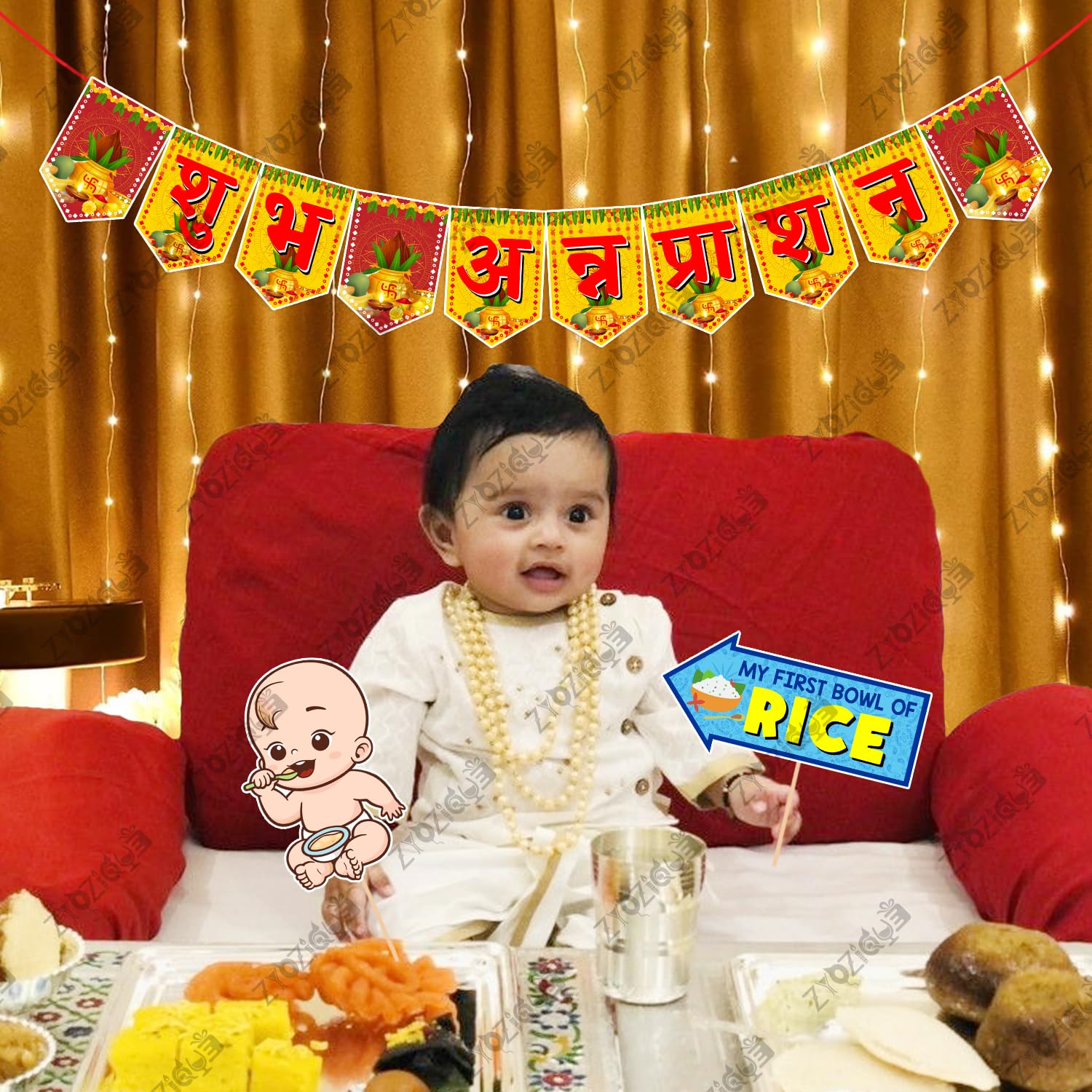 Zyozique  Annaprasanam Photo Booth Props With Annaprasanam Paper Bunting Paper Banner Hindi Font Shubh Annaprashan | Rice Ceremo