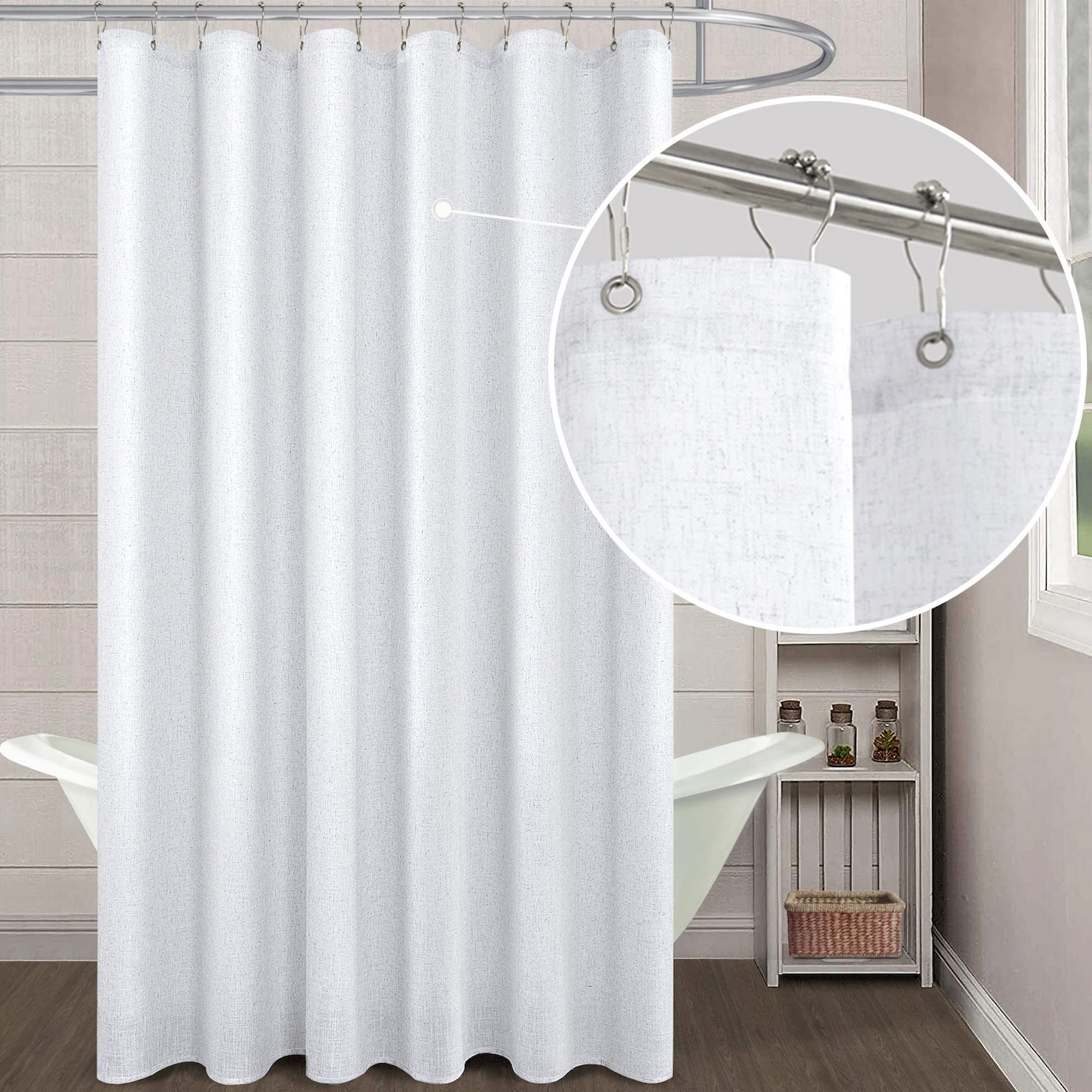 Koufall White Shower Curain 90 Inches Long For Bathroom,Fabric Extra Long Shower Curtain Liner Set With Hooks