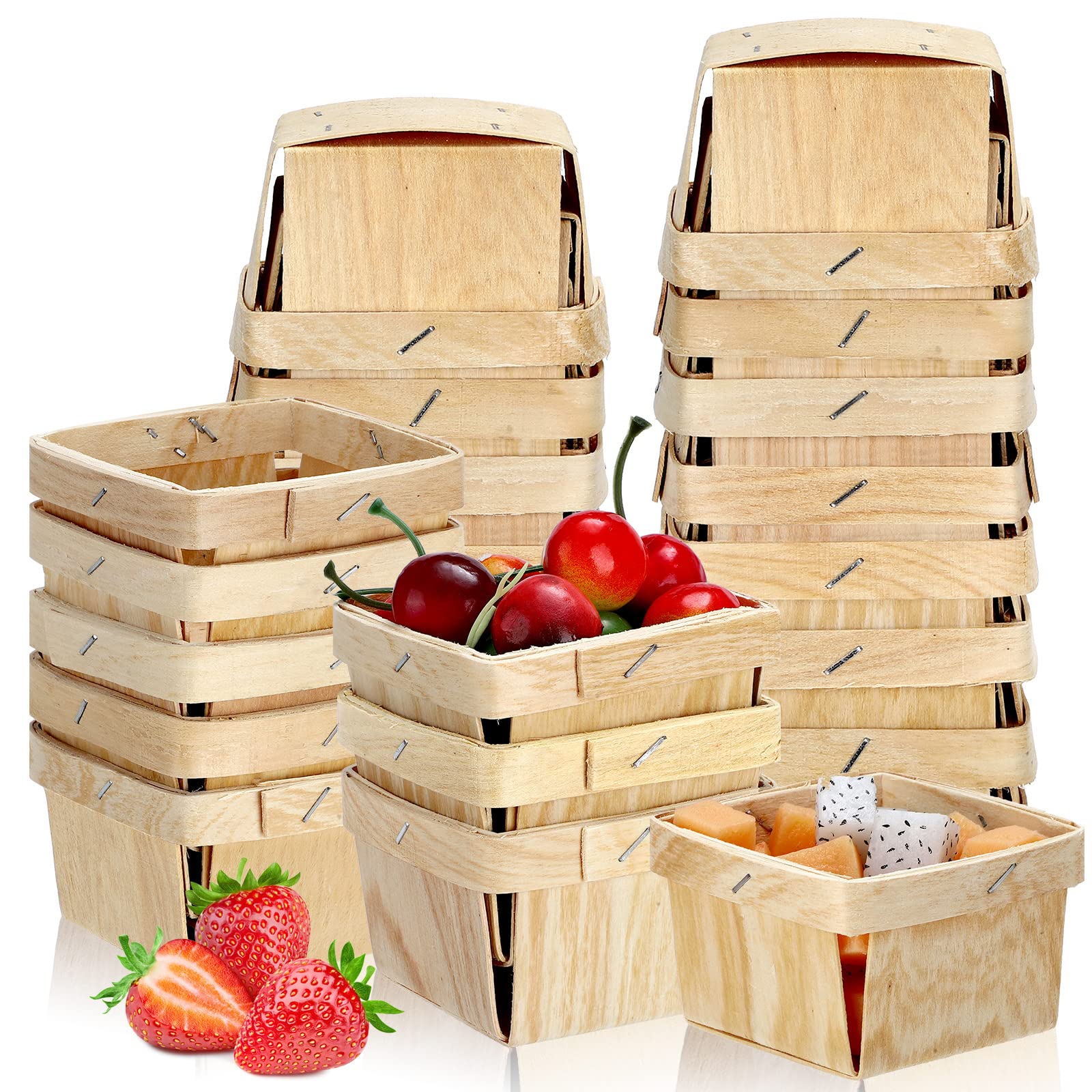 Hoolerry 25 Pieces 1/2 Pint Wooden Gift Baskets 3 x 3 x 2.2 Inch Square Vented Wood Boxes Mini Berry Basket Bulk for Fruit Picki