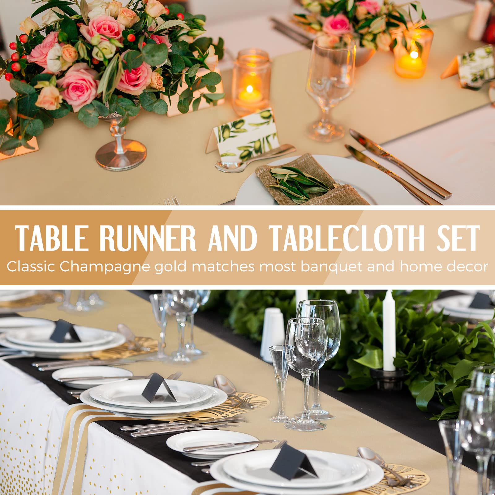 Breling 8 Pack First Communion White And Gold Disposable Plastic Tablecloths And Satin Table Runner Set, 54 X 108 Inch Tableclot