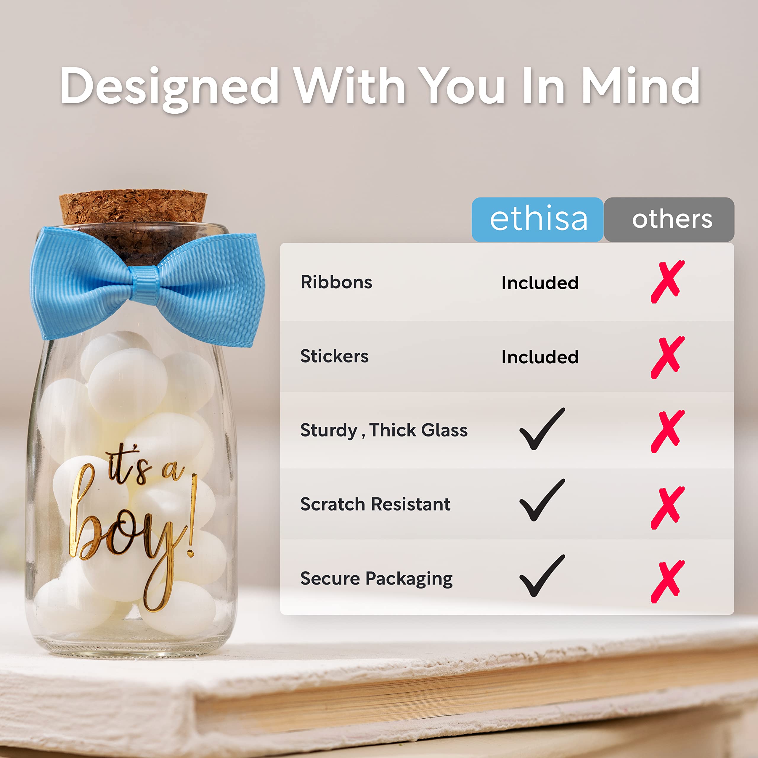 Ethisa 12 Pack It'S A Boy Milk Glass Bottles With Ribbons And Stickers - Vintage Baby Shower Favors For Guests And Table Centerp