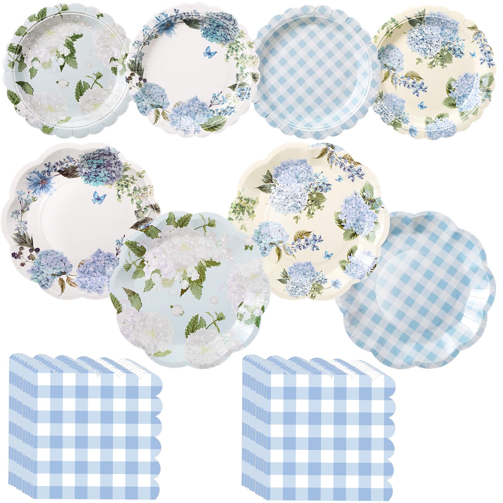 Skybooly 144 Pcs 48 Guests Hydrangea Plates and Napkins Party Supplies Blue White Hydrangea Paper Plates Napkins Flower Floral C