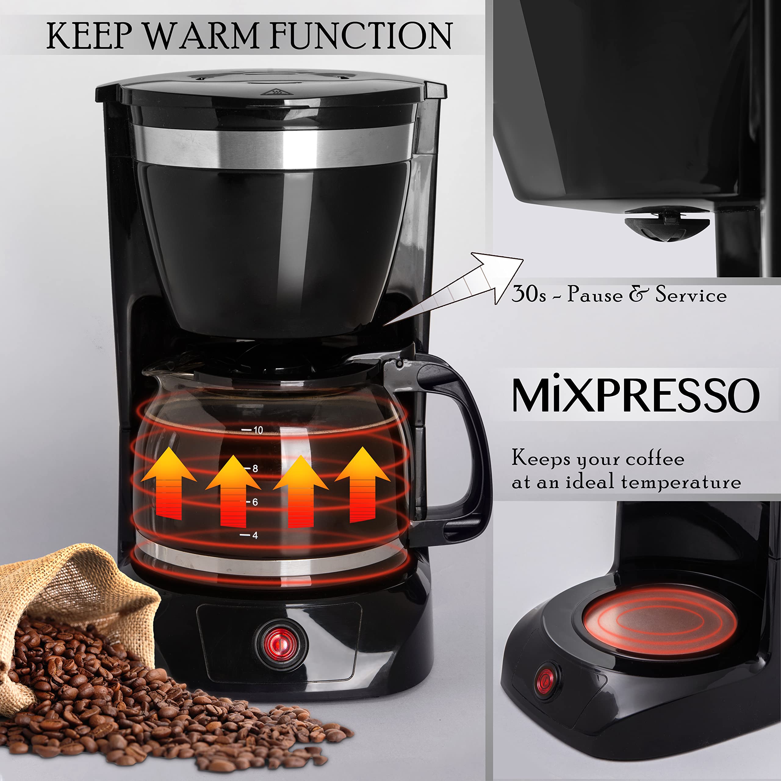 Mixpresso 10-Cup Drip Coffee Maker, Coffee Pot Machine Including Reusable & Removable Coffee Filter, The Best 10 Cup Coffee Make