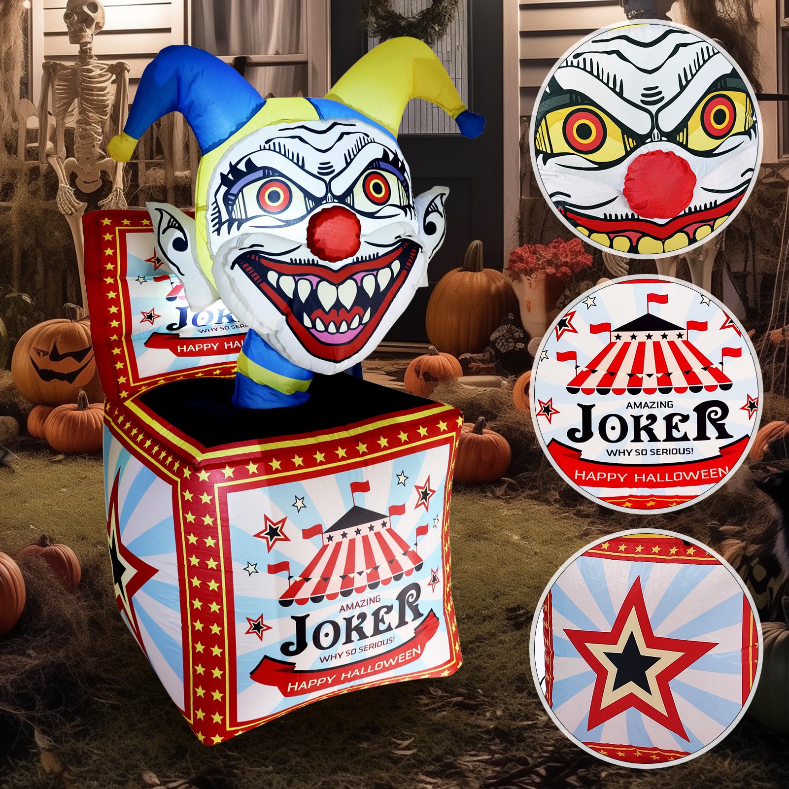 WBHome 5 Ft Halloween Inflatable Circus Clown Box Outdoor Decorations, Blow Up Yard Decor with Built-in LED Light (Plug in) for