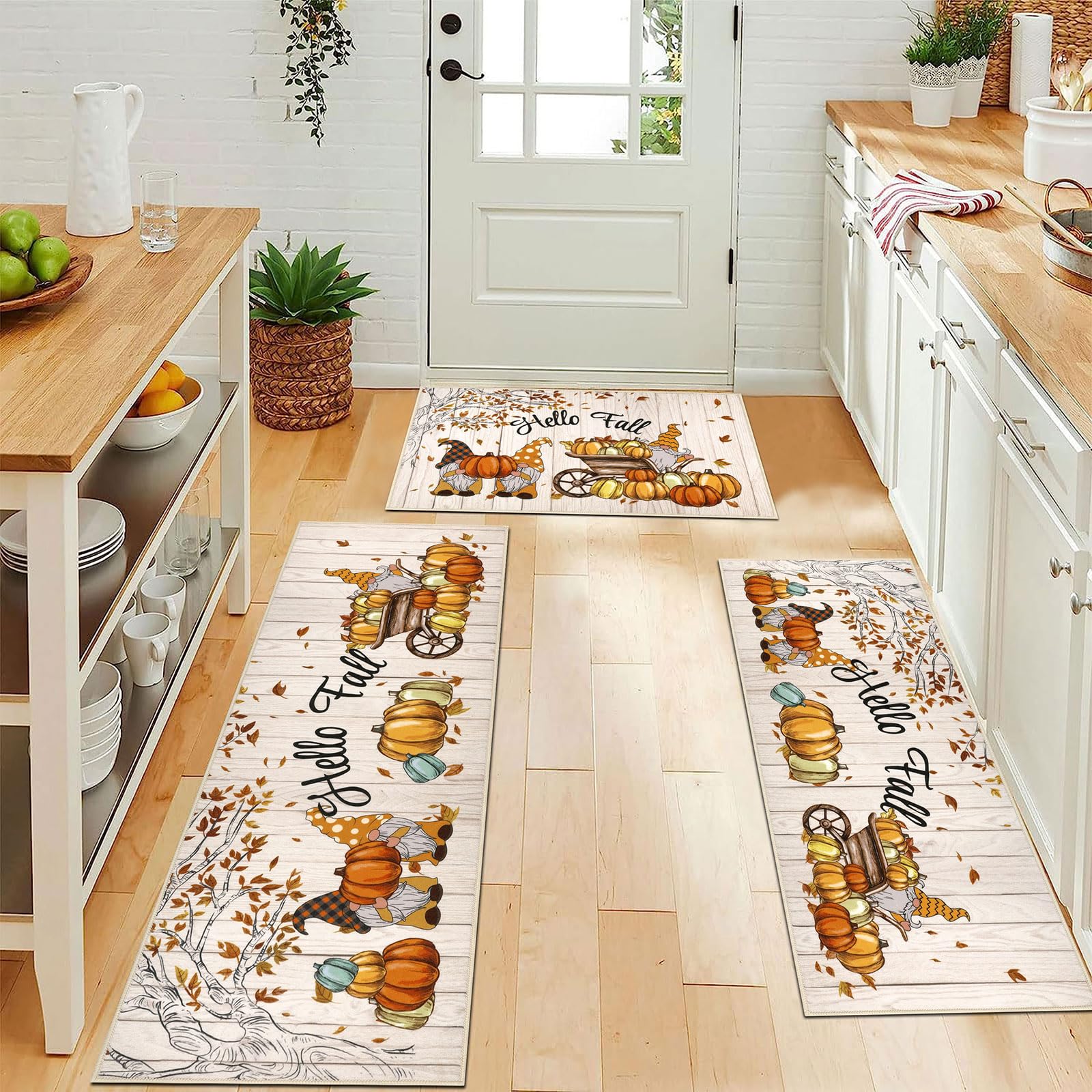 U Artlines Fall Kitchen Rugs with Runner Sets 3 Piece Farmhouse Pumpkin Seasonal Harvest Holiday Party Rugs and Mats Non Skid W