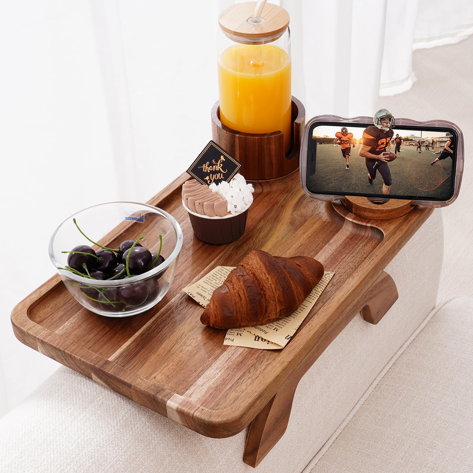 Nnewvante Couch Cup Holder Tray, 3 In 1 Large 15.36''X9.85'' Acacia Wood Sofa Arm Clip On Tray Table With 360Rotated Phone Holde
